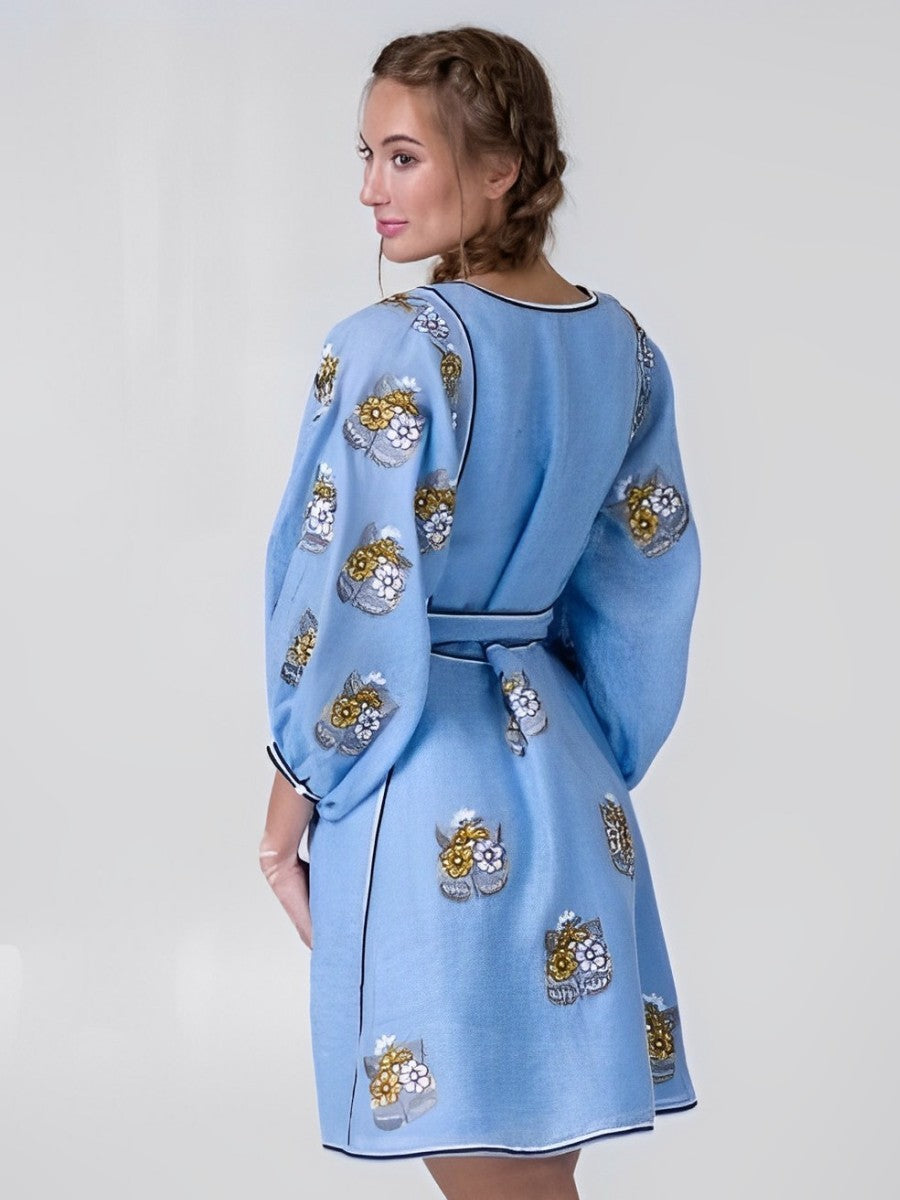 Blue embroidered boho dress in mini with Ukrainian embroidery Vyshyvanka Fashion bohemian festival gown Plus size beach summer dress