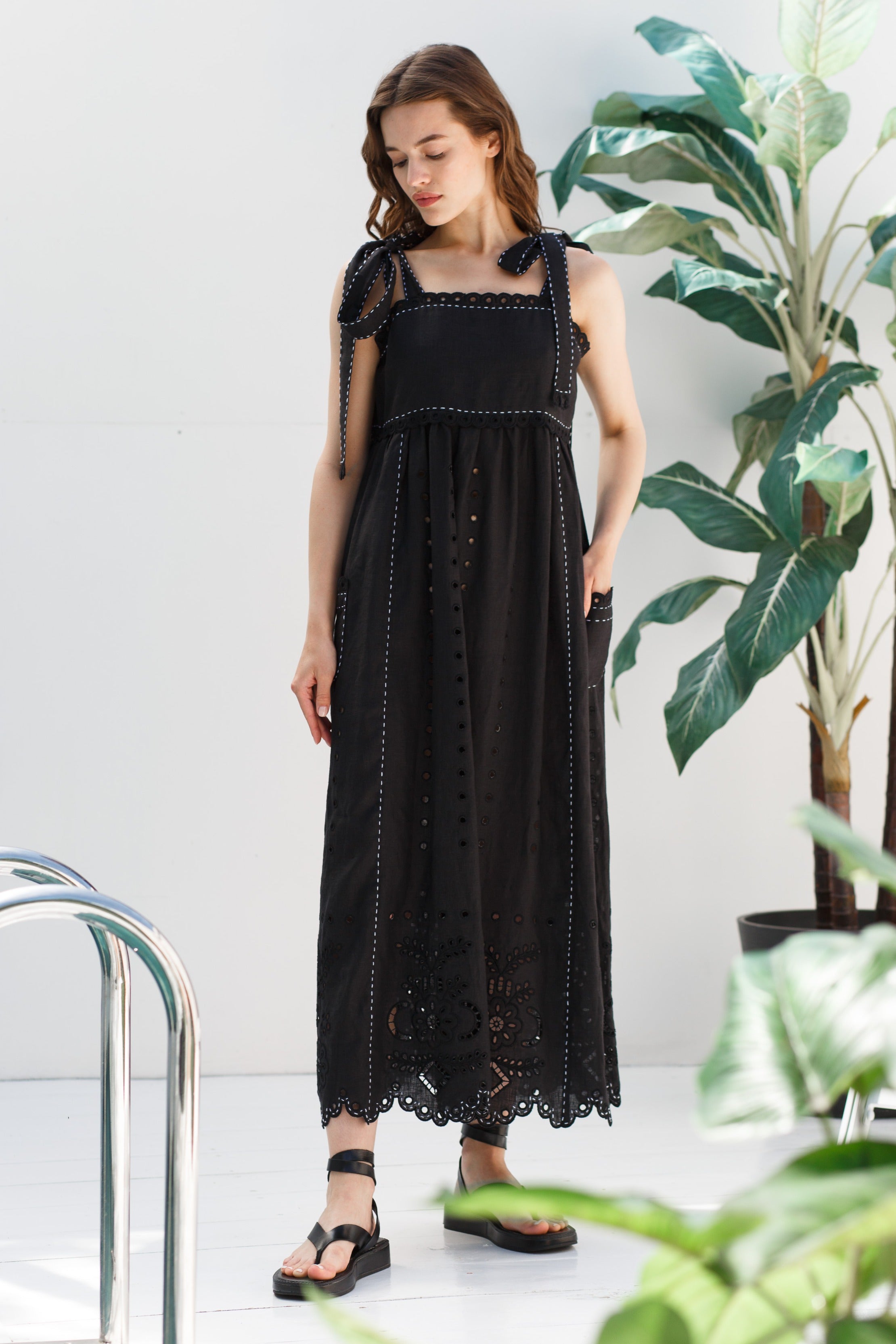 Broderie anglaise embroidered linen dress Bows summer richelieu dress