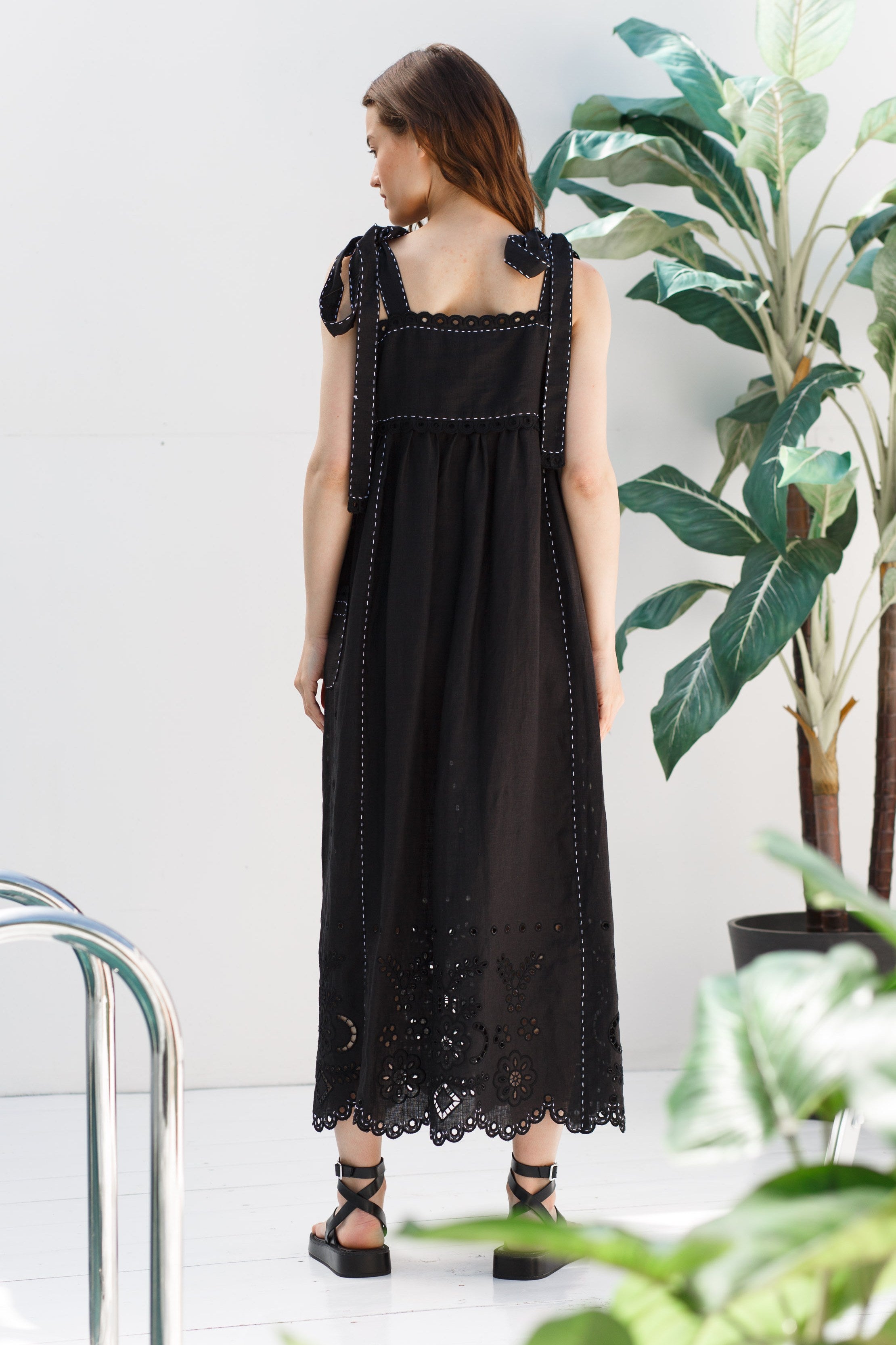 Broderie anglaise embroidered linen dress Bows summer richelieu dress