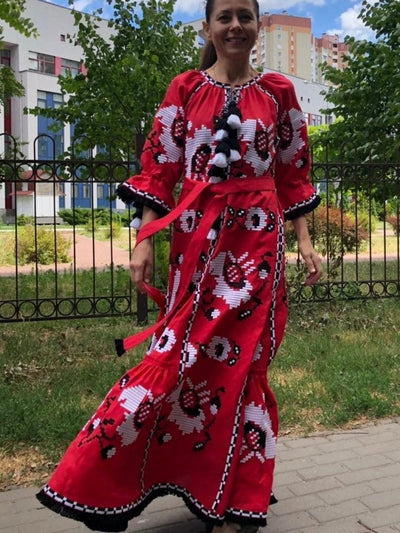 Embroidered poppies linen dress Bohemian summer outfit