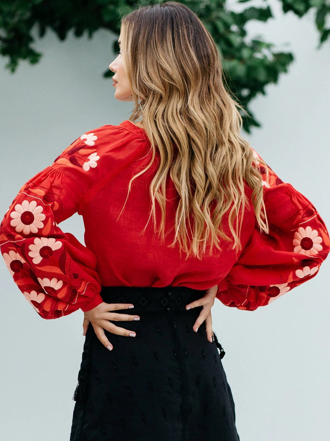 Sheer red linen blouse with Ukrainian embroidery Summer loose top