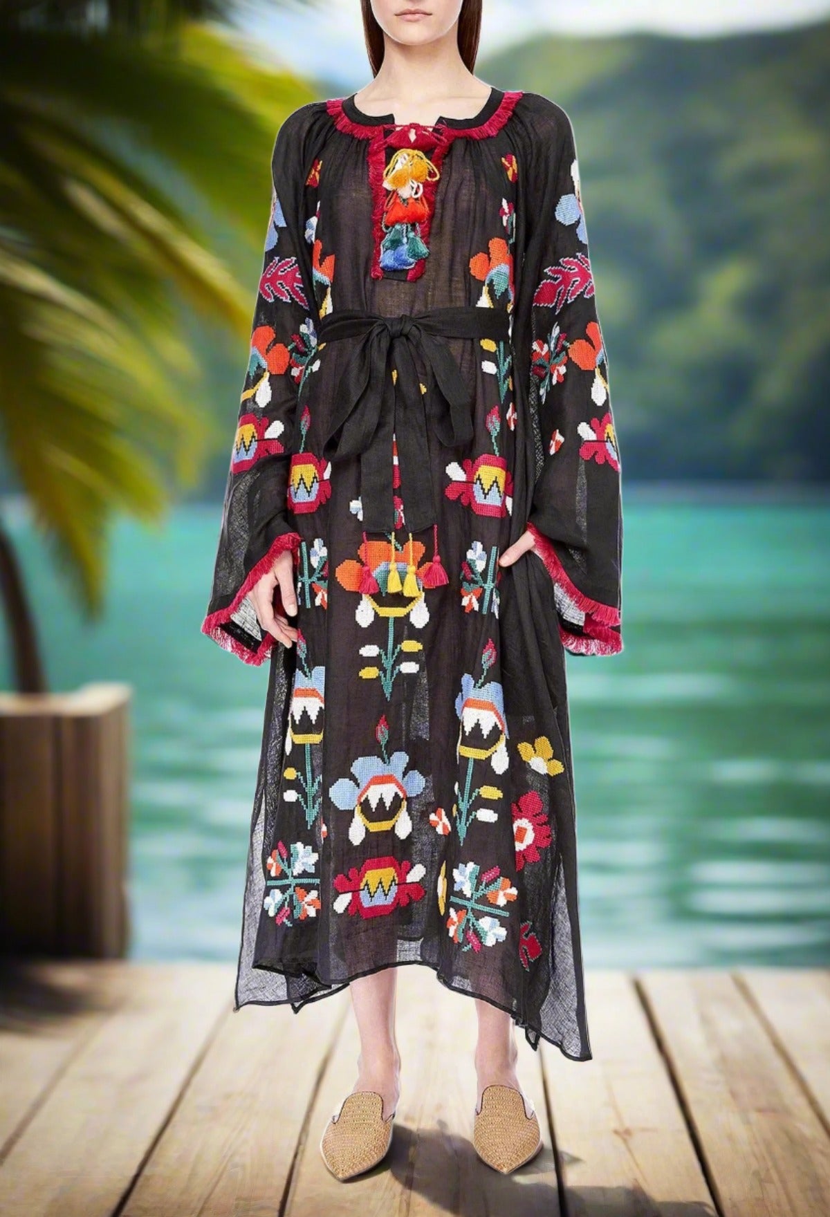 Embroidered linen dress with floral embroidery Astrid