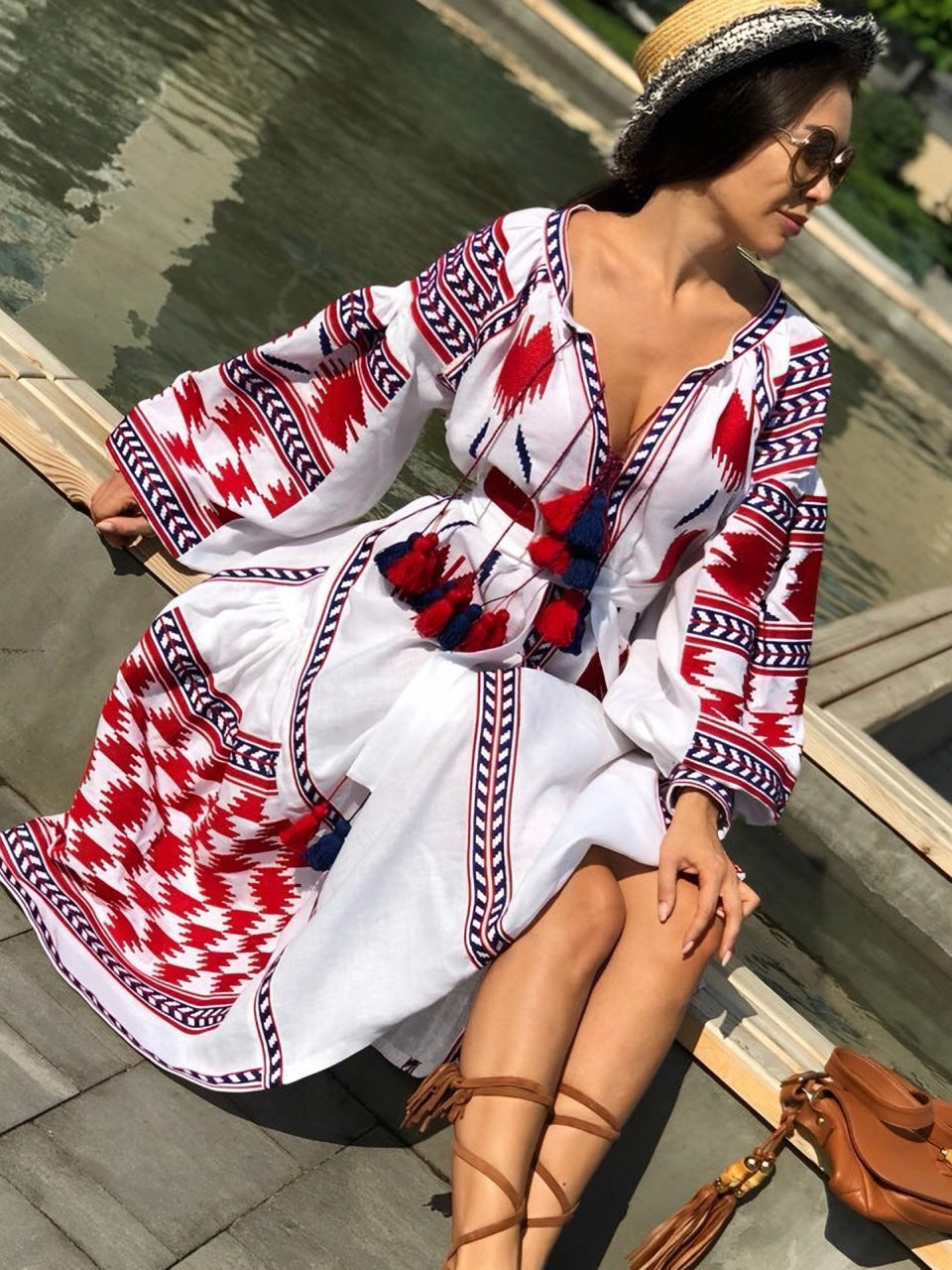 Birds embroidered boho dress Fashion wedding guest kaftan