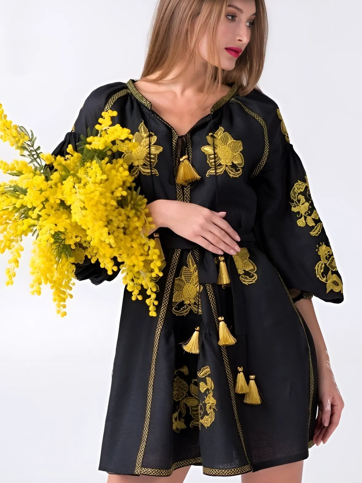 Black boho dress with gold floral embroidery