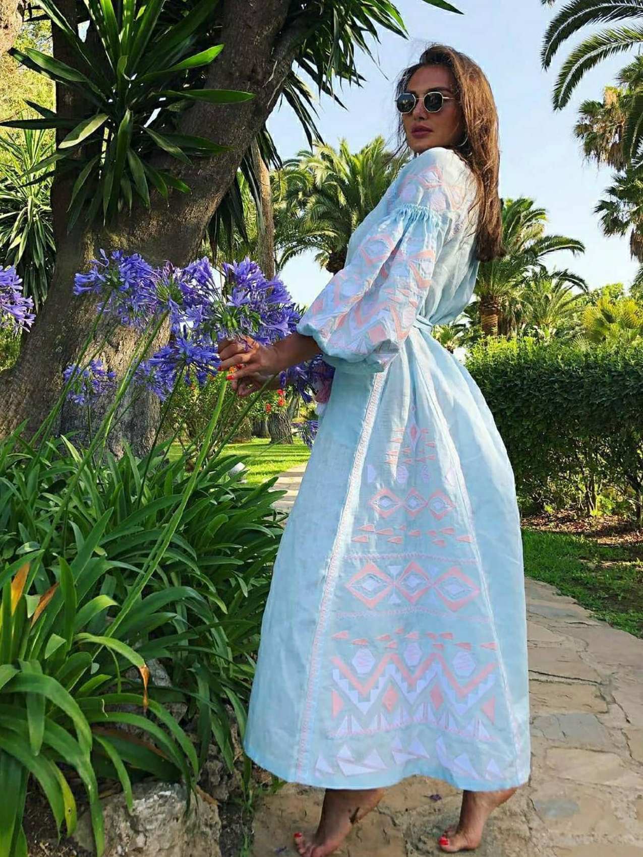 Fashion embroidered boho dress Sky blue linen summer kaftan