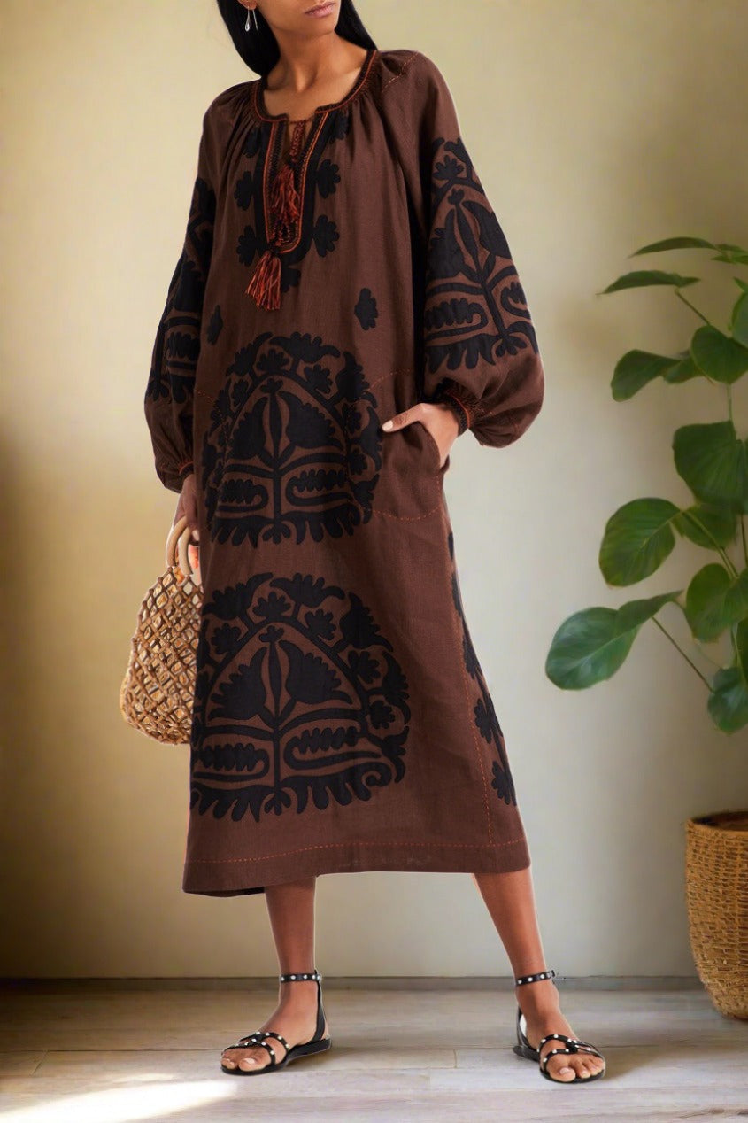 Applique linen boho dress Shalimar embroidery