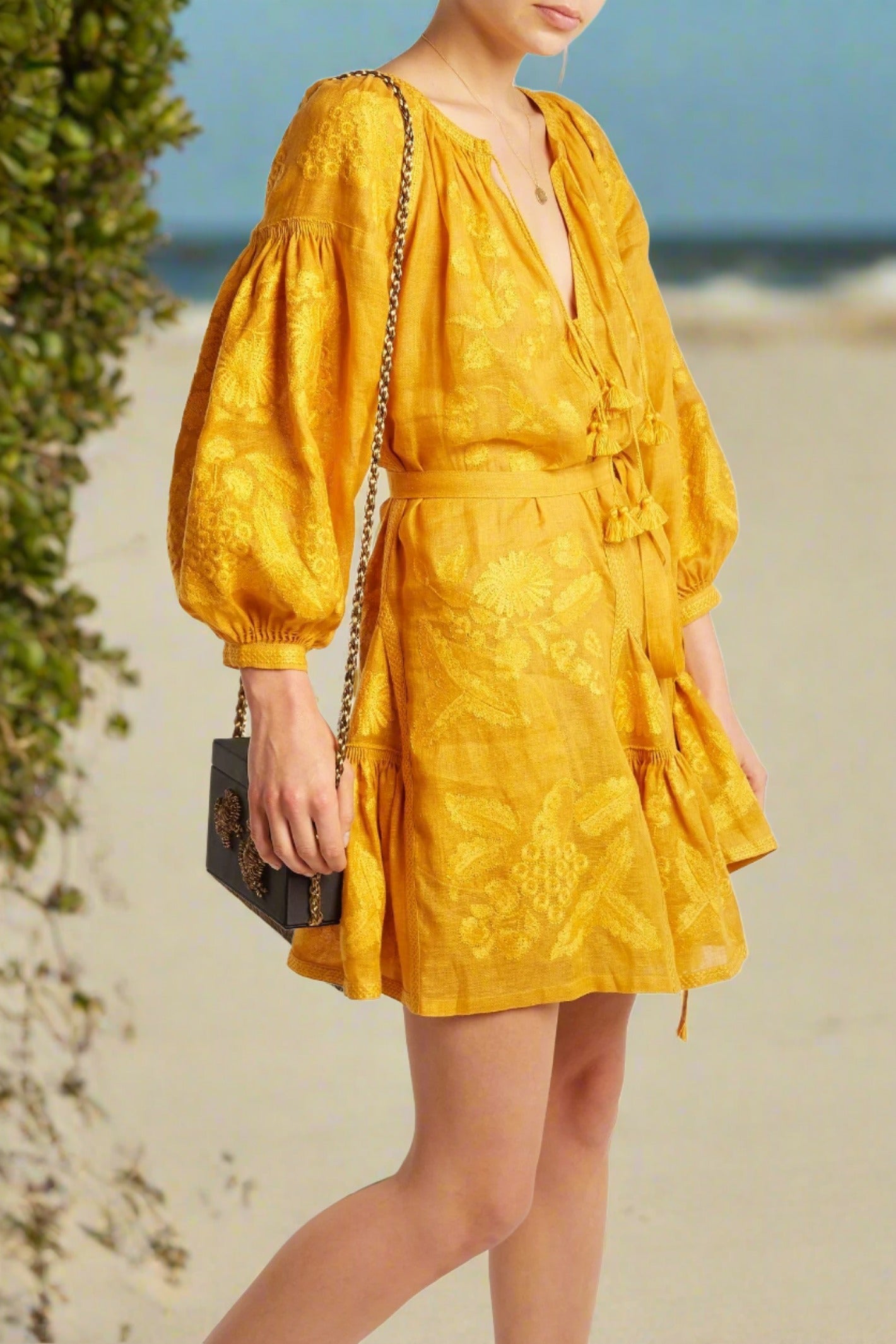 Summer linen mini dress Monochrome grapes embroidery