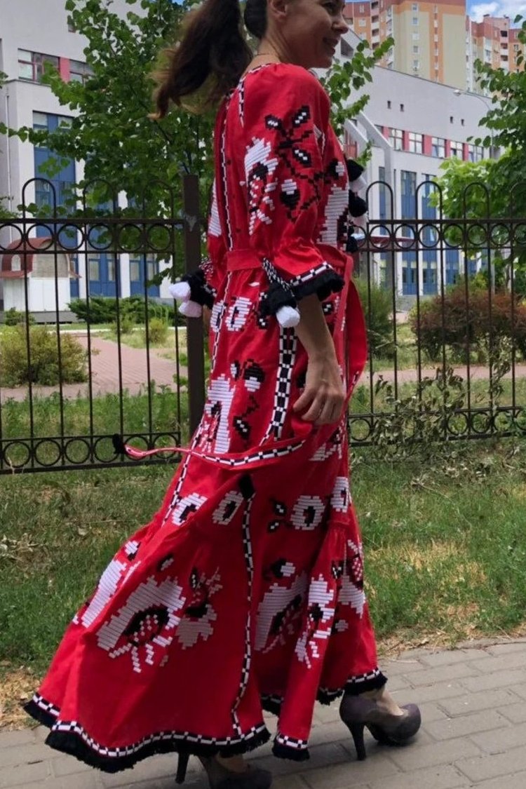 Embroidered poppies linen dress Bohemian summer outfit