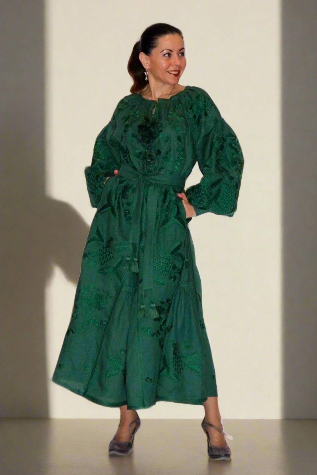 Linen summer dress Grapevine monochrome embroidery