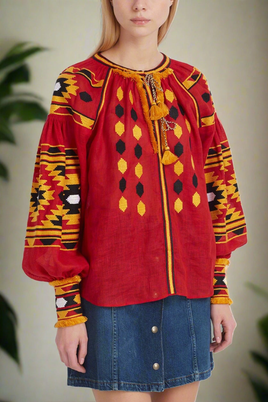 Red vyshyvanka top Embroidered linen blouse