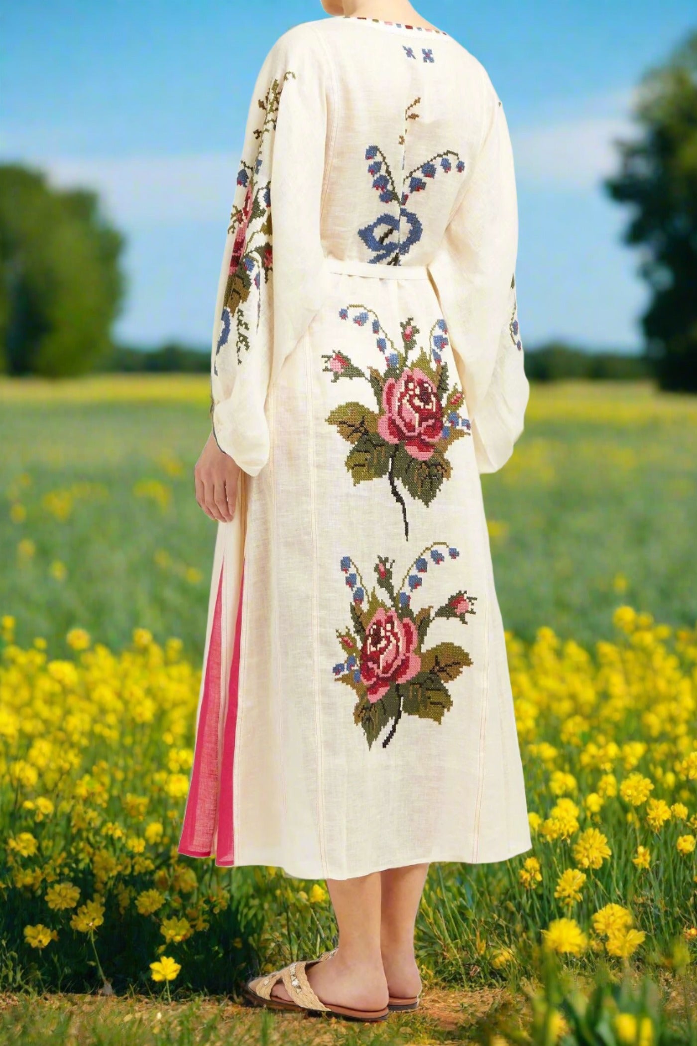 Roses embroidered boho dress Ukrainian wedding kaftan