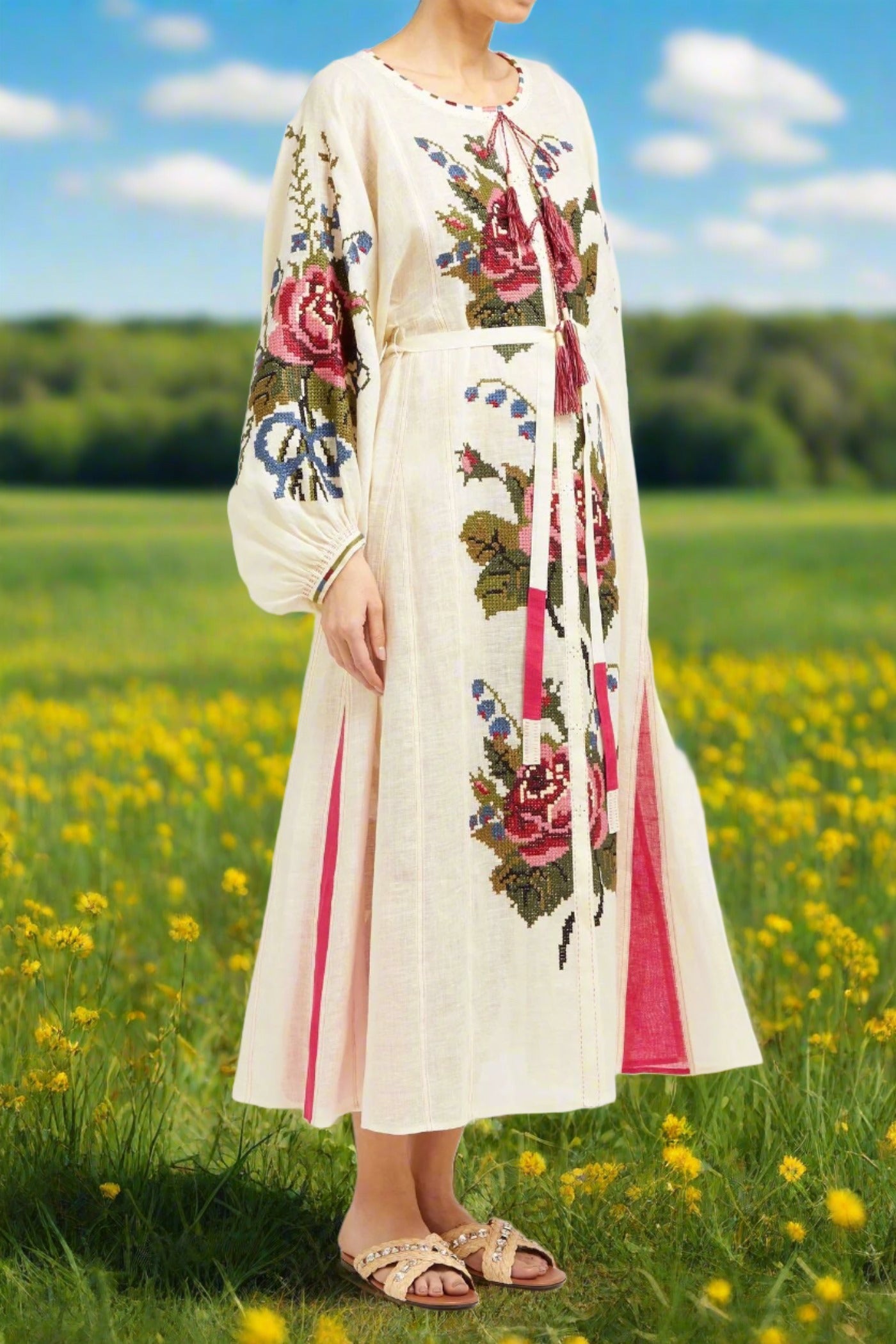 Roses embroidered boho dress Ukrainian wedding kaftan
