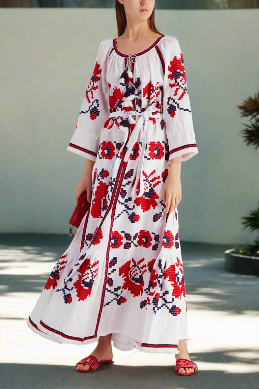 Embroidered poppies linen dress Bohemian summer outfit