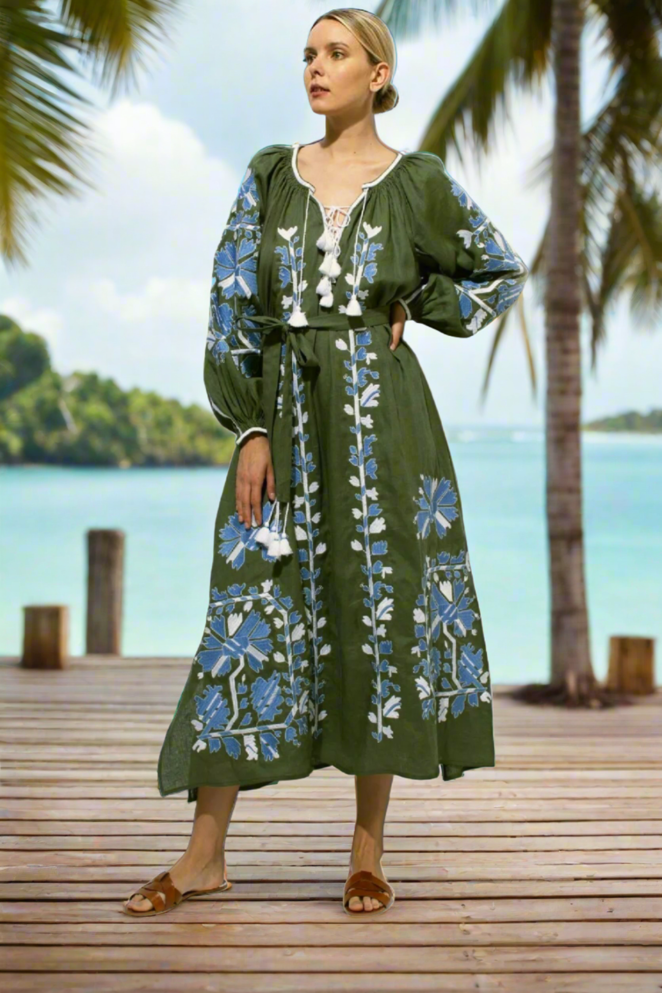 Embroidered linen maxi dress with floral embroidery Tina