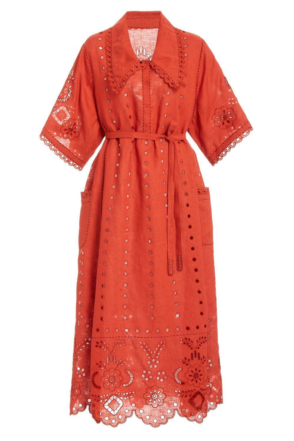 Summer linen dress Floral richelieu embroidery