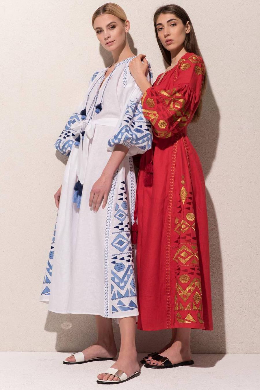 Linen resort dress Boho outfit with abstract embroidery