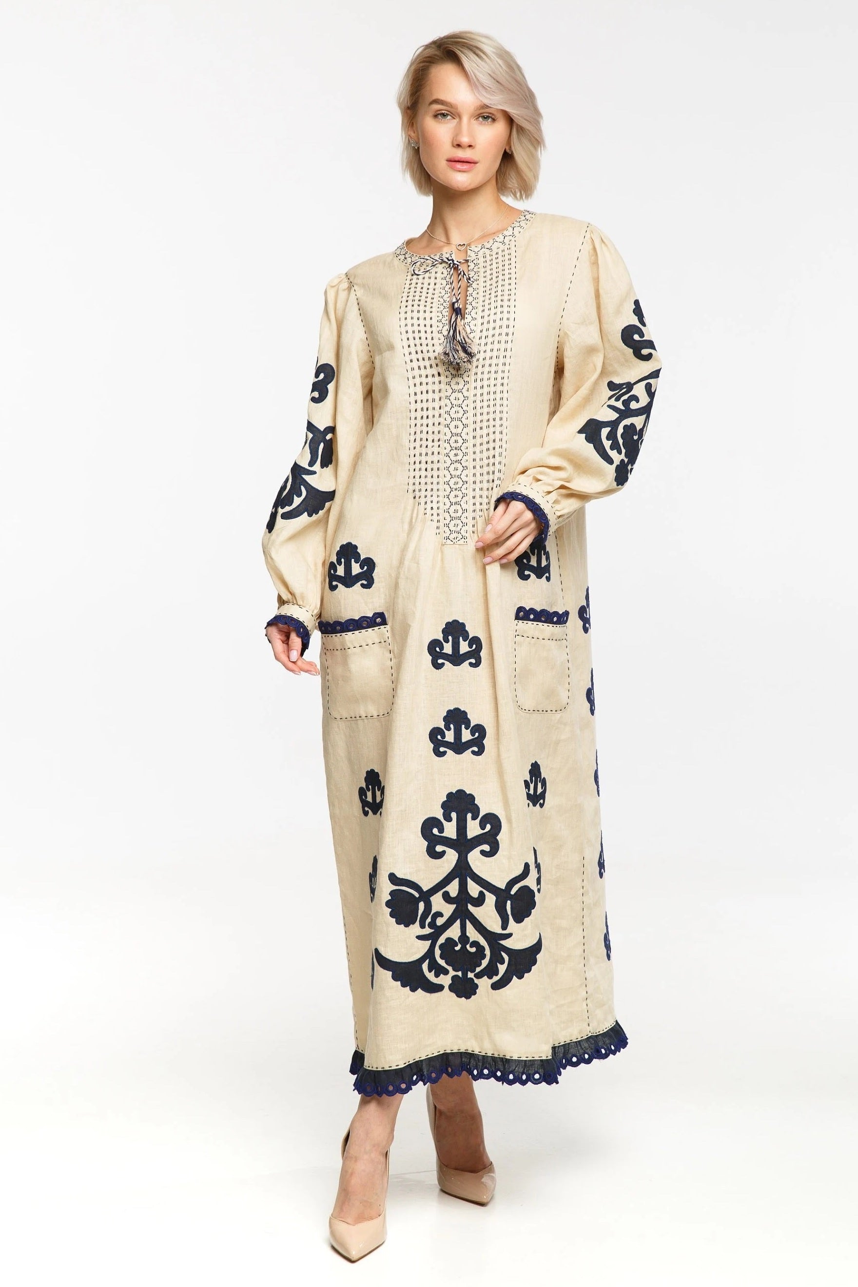 Applique beaded embroidered linen dress Daisy