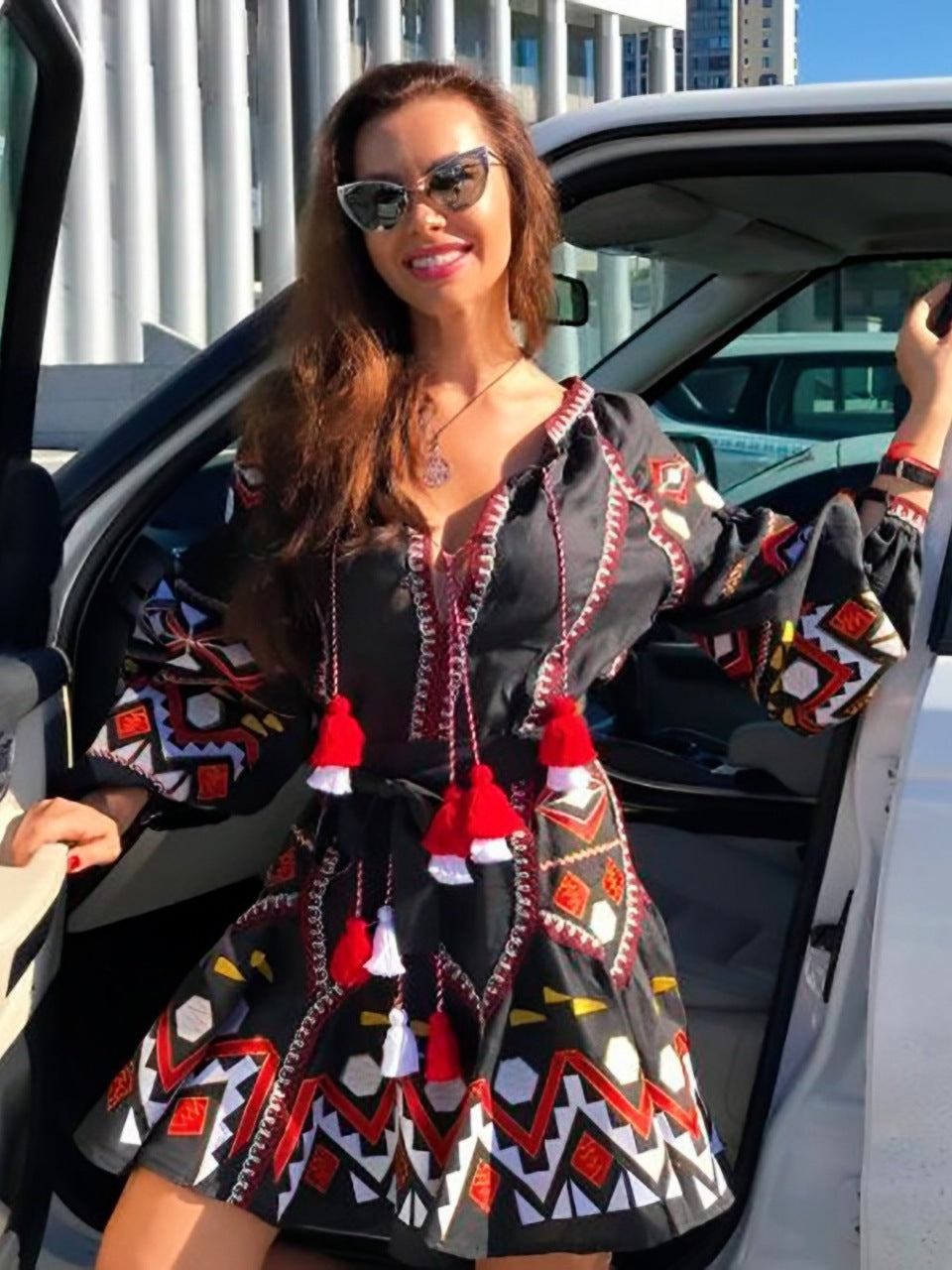 Embroidered black linen mini dress vyshyvanka