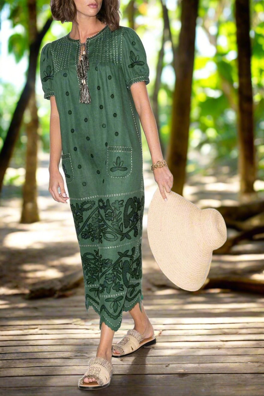 Summer short sleeve embroidered linen dress