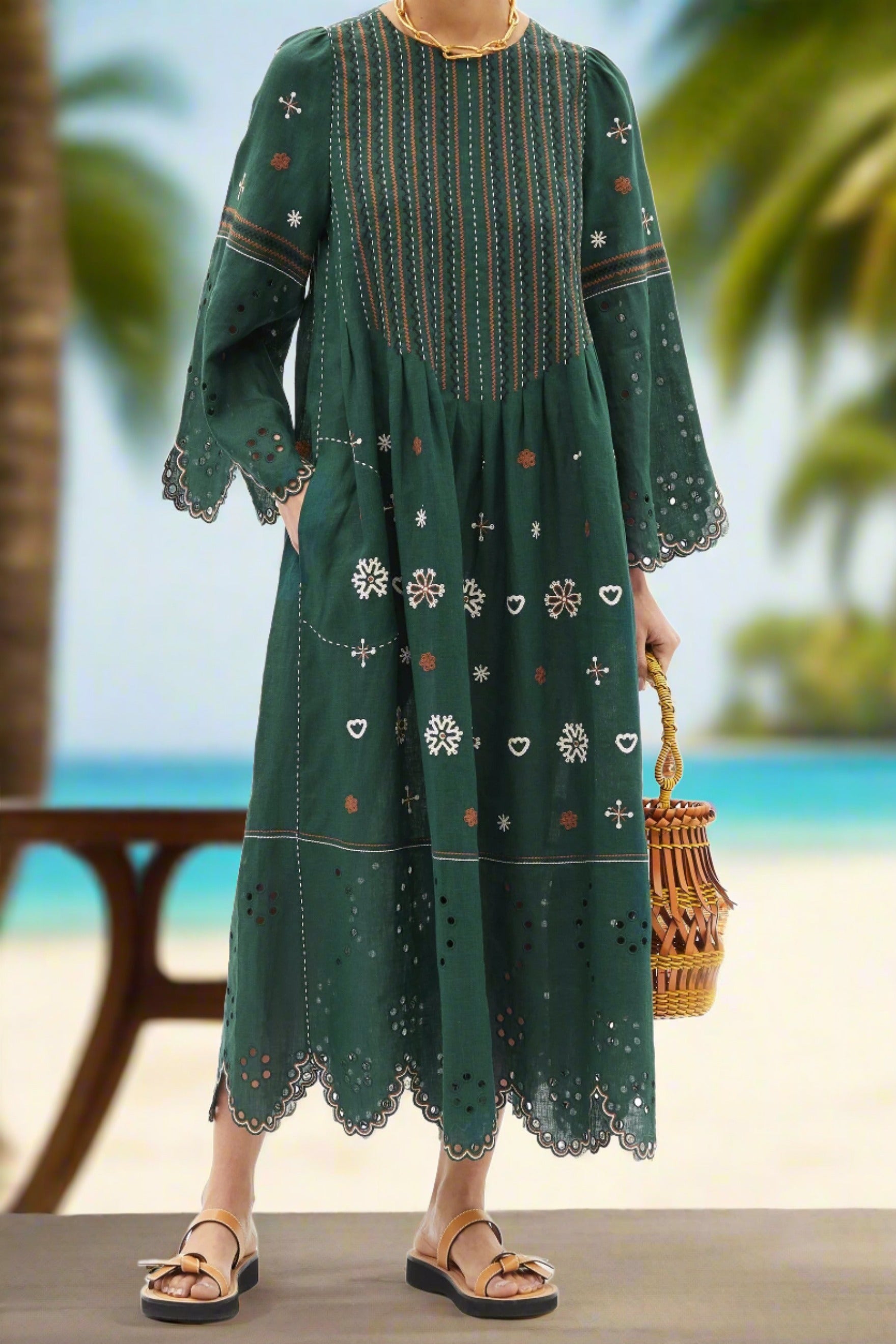 Chamomile embroidered linen dress Richelieu cutout kaftan