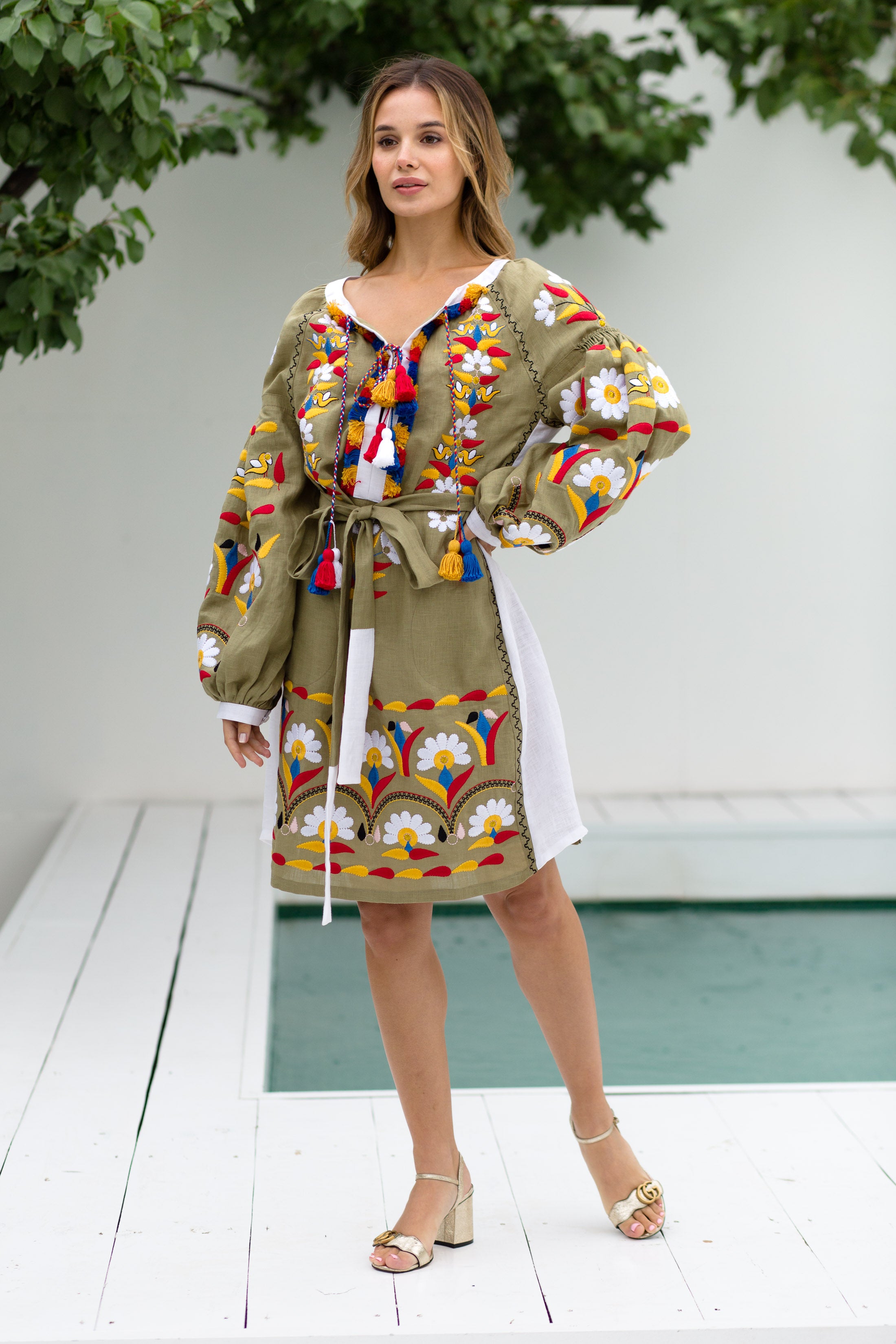 Ukrainian dress tunic olive with floral embroidery Vyshyvanka Beach summer gown