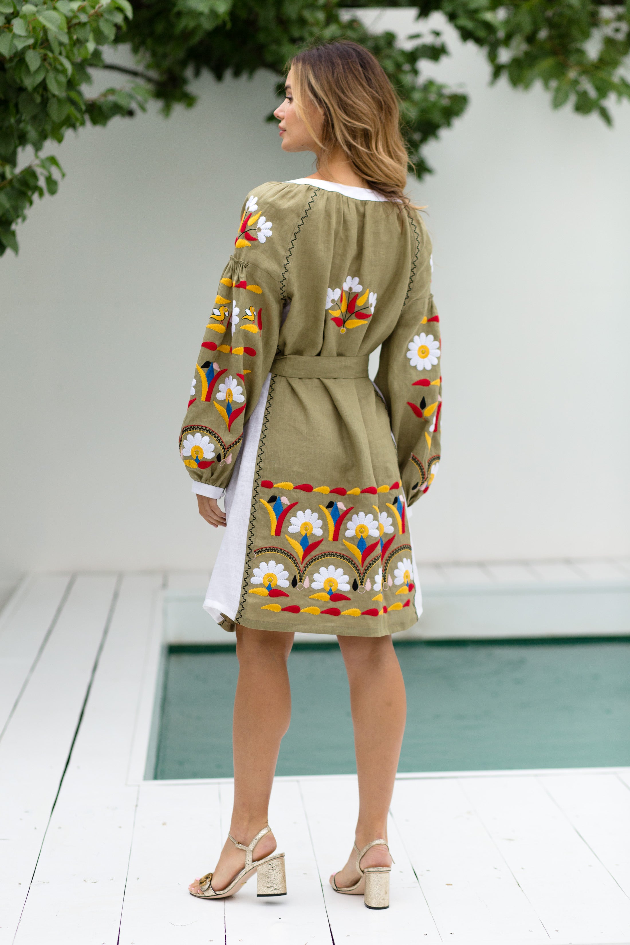 Ukrainian dress tunic olive with floral embroidery Vyshyvanka Beach summer gown