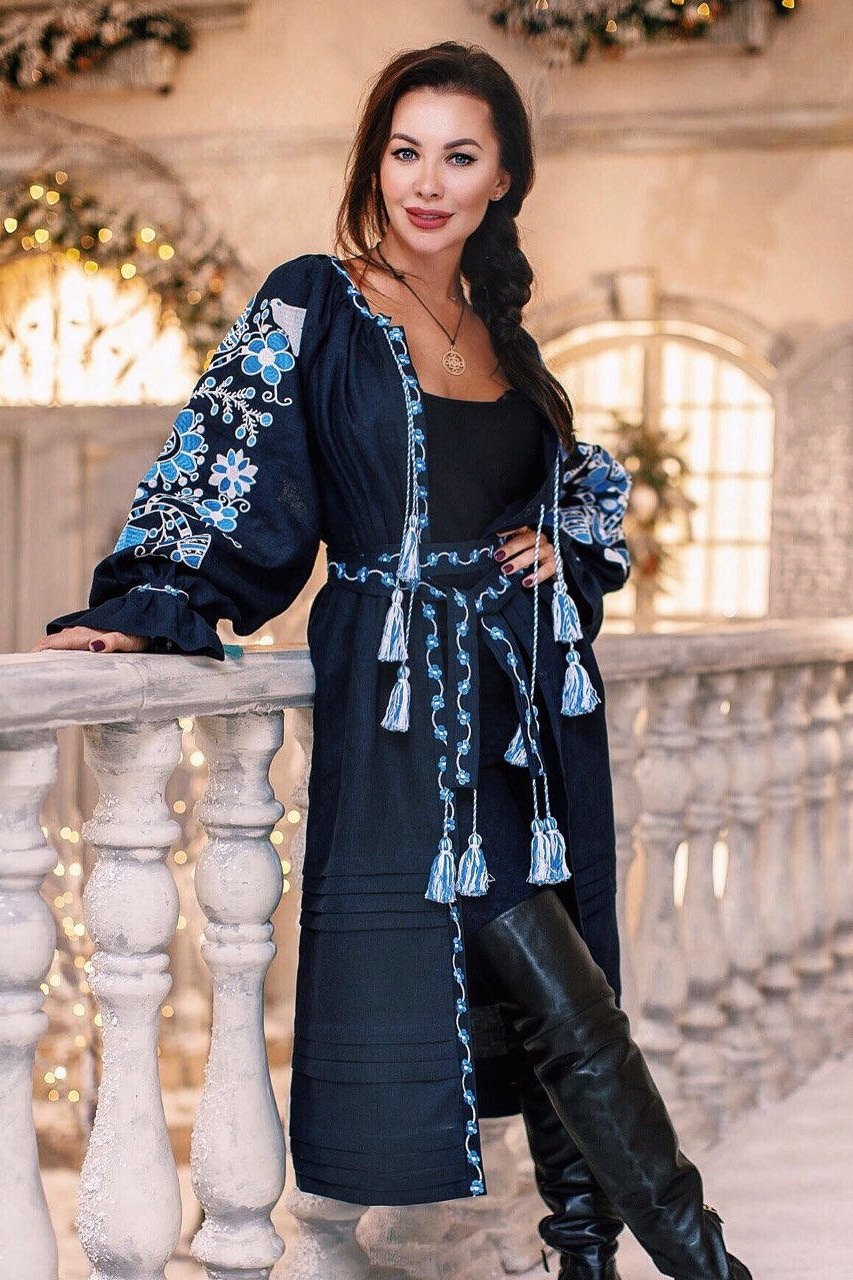 Sunflower embroidered kaftan Ukrainian midi vyshyvanka dress