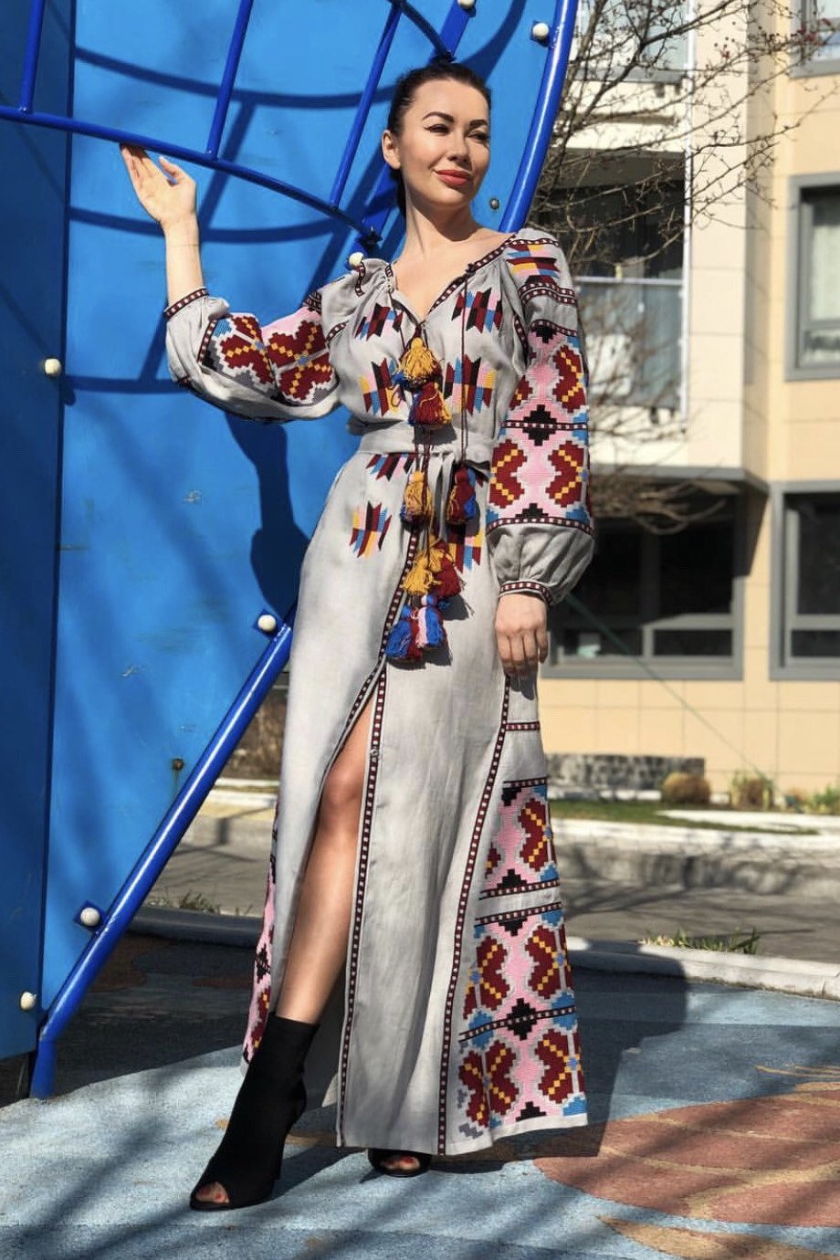 Embroidered silver boho kaftan with ethnic Ukrainian embroidery Bohemian dress