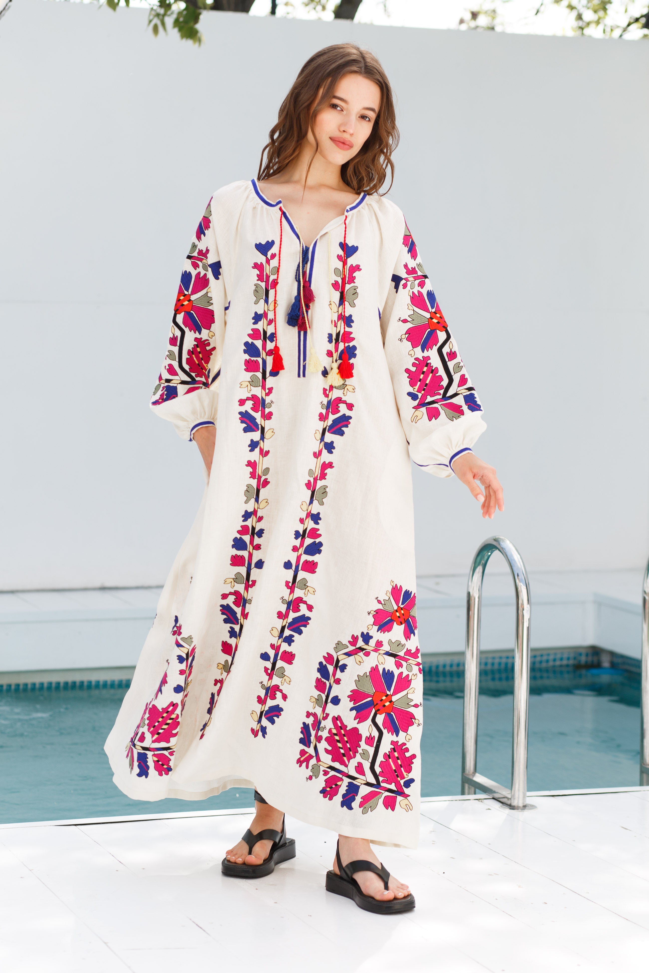 Embroidered ivory linen dress with floral embroidery Tina