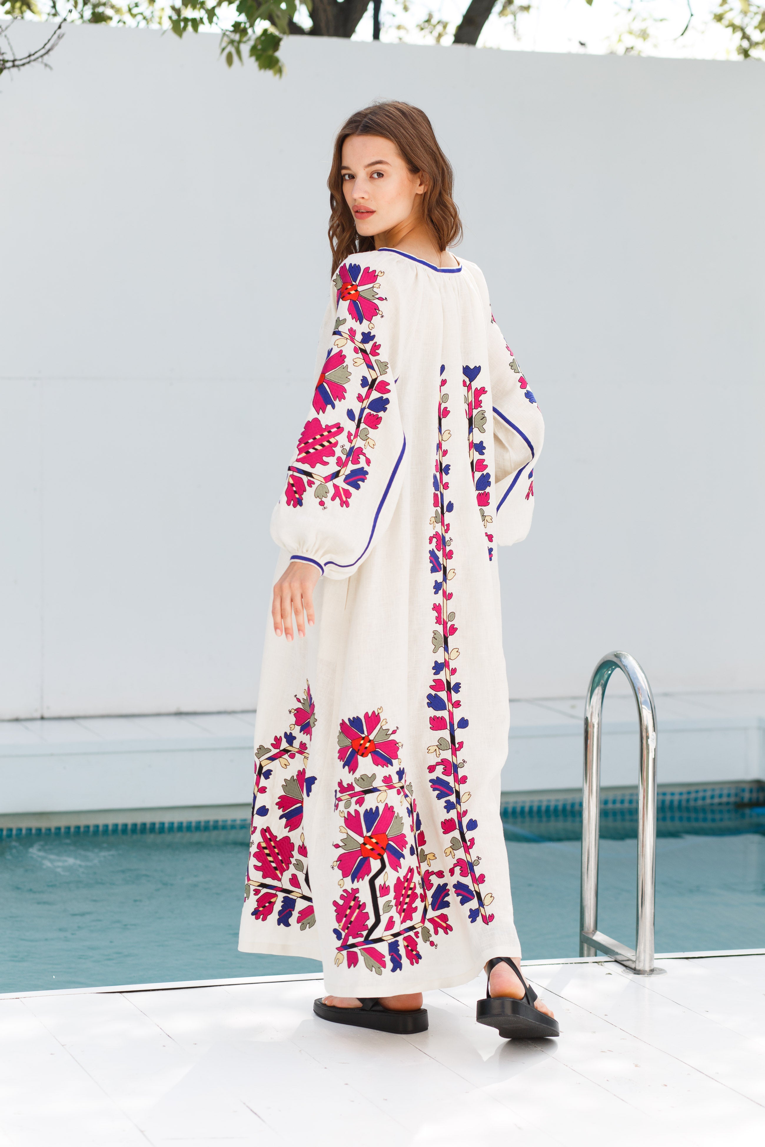 Embroidered ivory linen dress with floral embroidery Tina