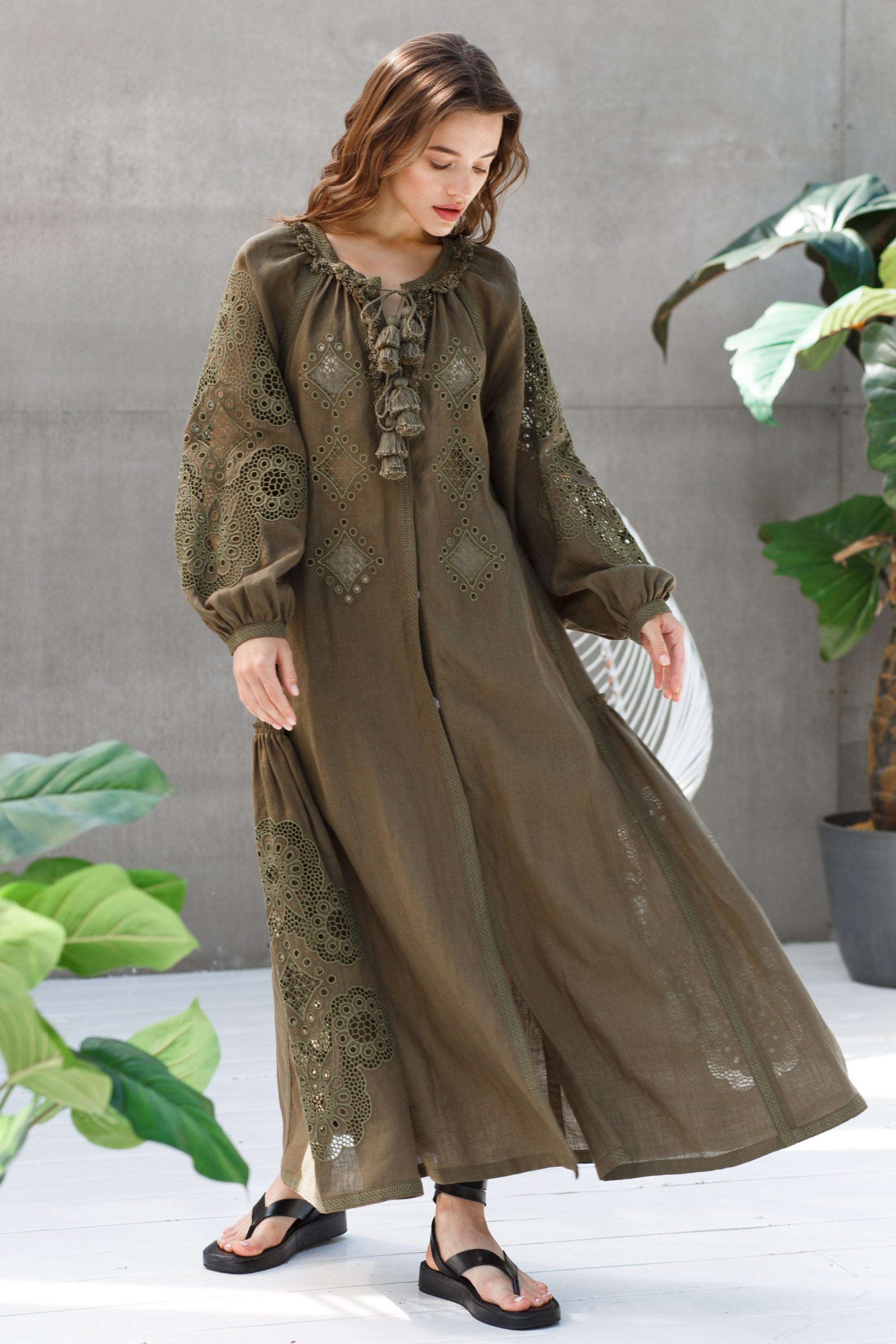 Broderie linen dress Summer richelieu embroidered kaftan