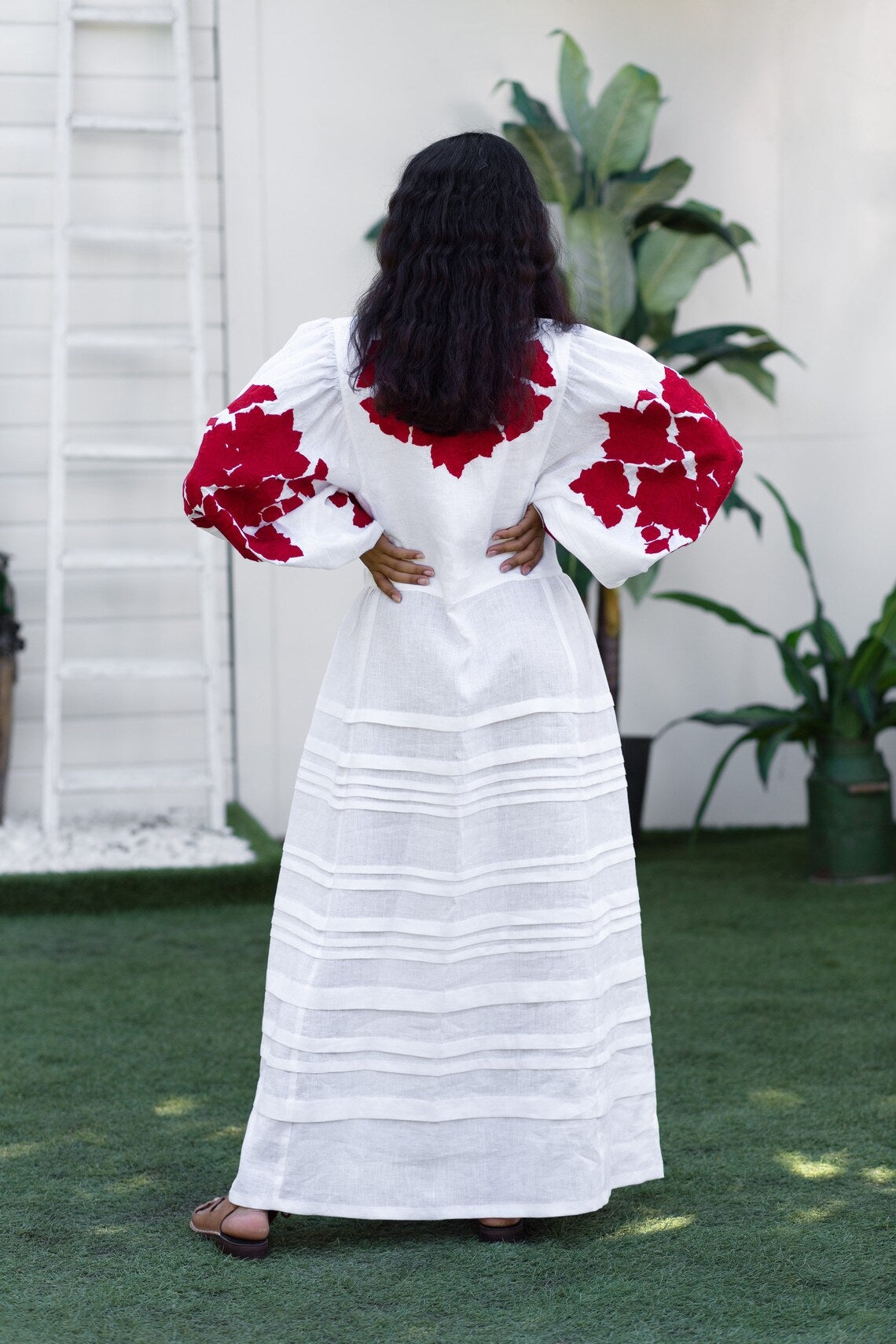 Roses embroidered linen dress Floral bohemian clothing