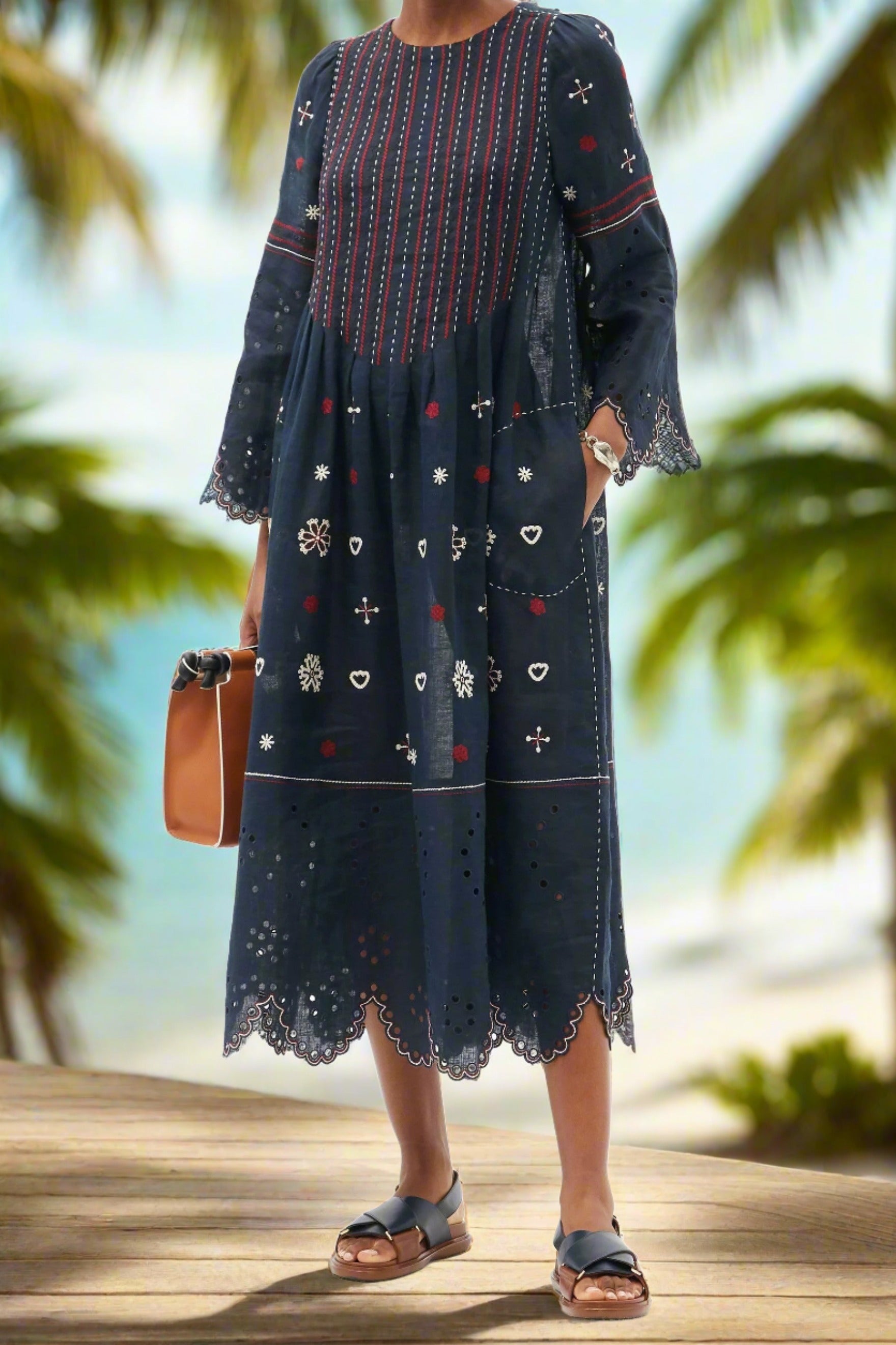 Chamomile embroidered linen dress Richelieu cutout kaftan