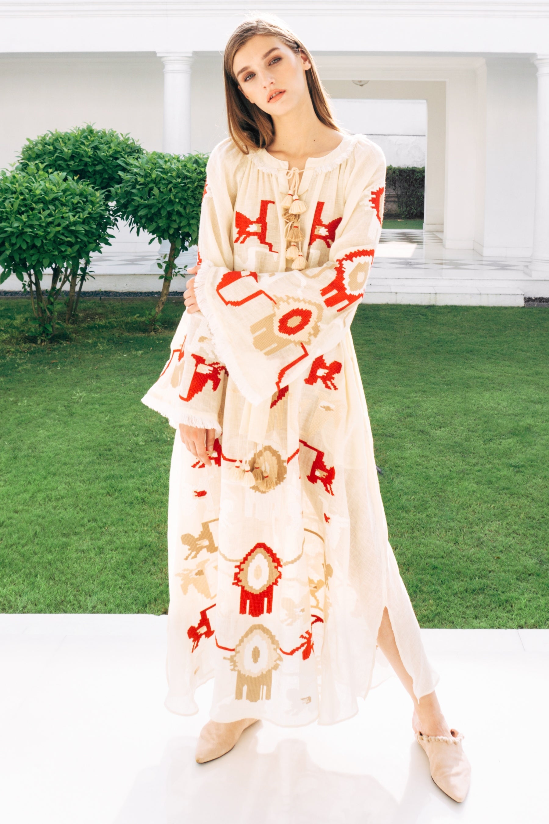 Embroidered Ivory Linen Dress with Floral Embroidery Bohemian Beach Gown L / Ankle