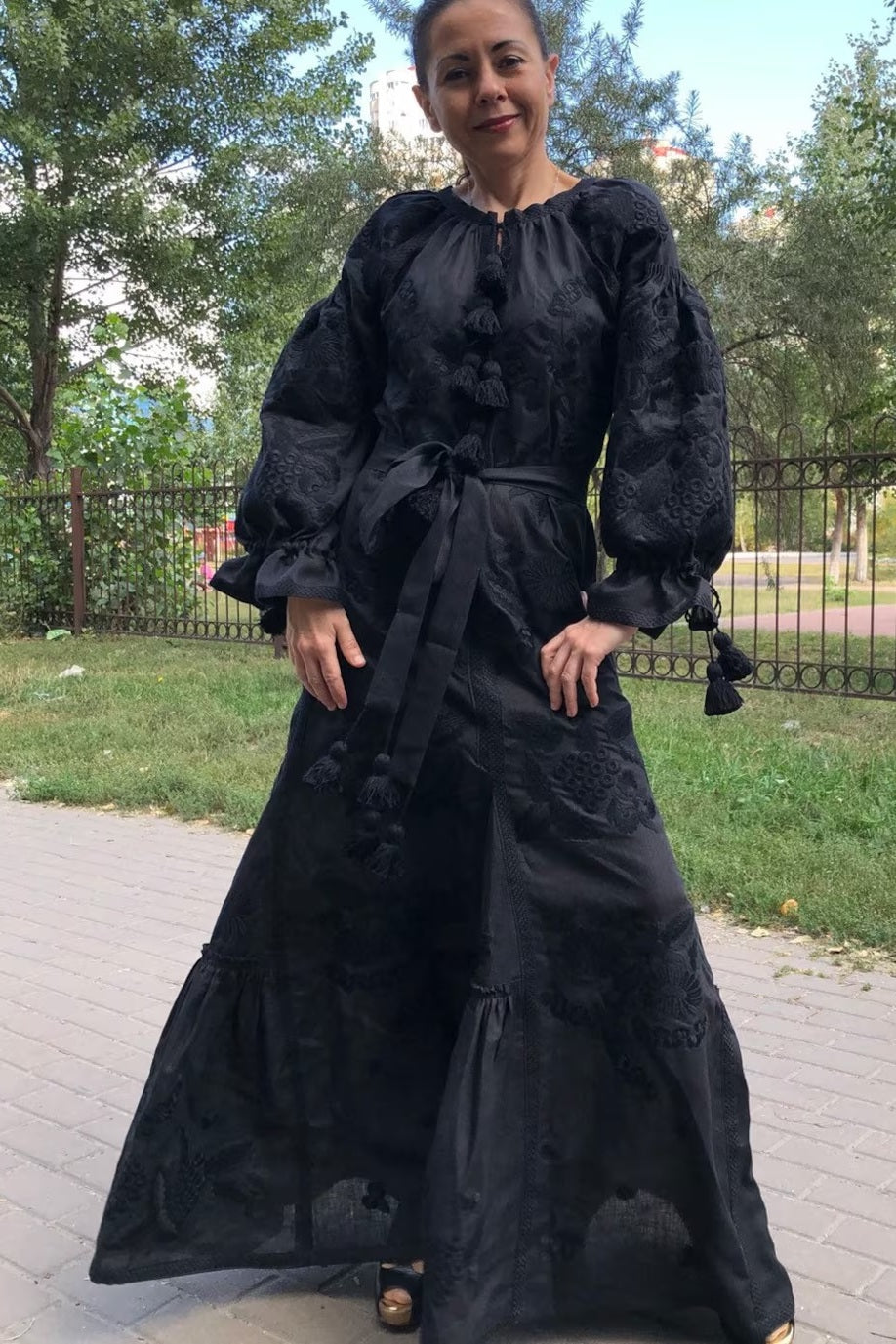 Black linen summer dress Grapevine embroidery