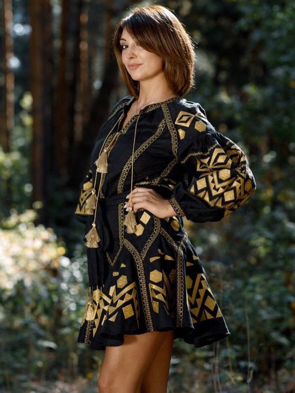 Embroidered black linen mini dress vyshyvanka