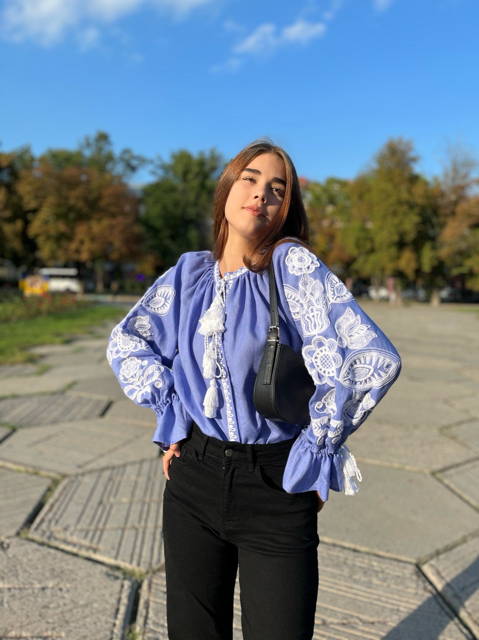 Embroidered linen blouse top Tree of life