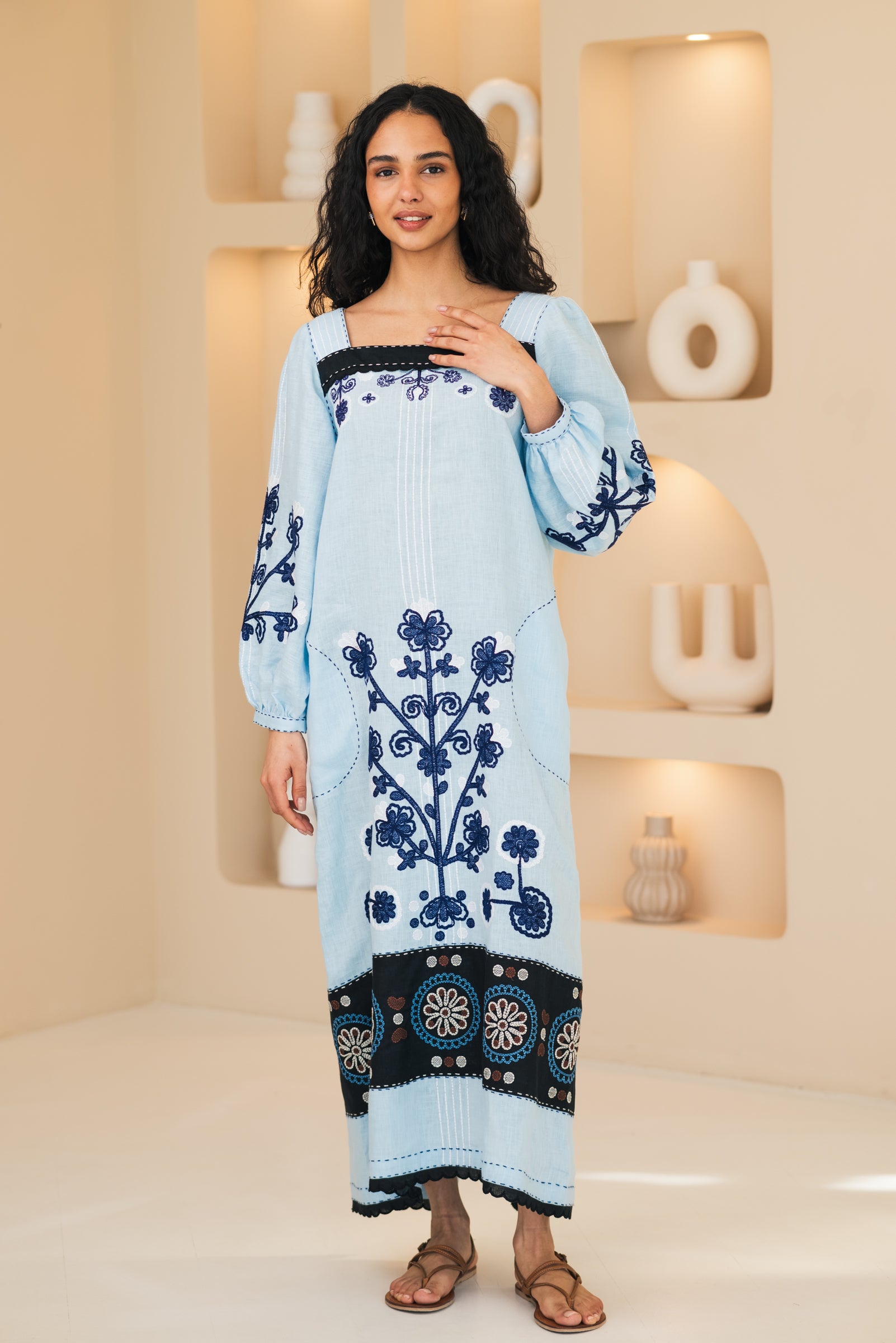 Folklore ukrainian dress Embroidered linen kaftan with floral embroidery S-M Size
