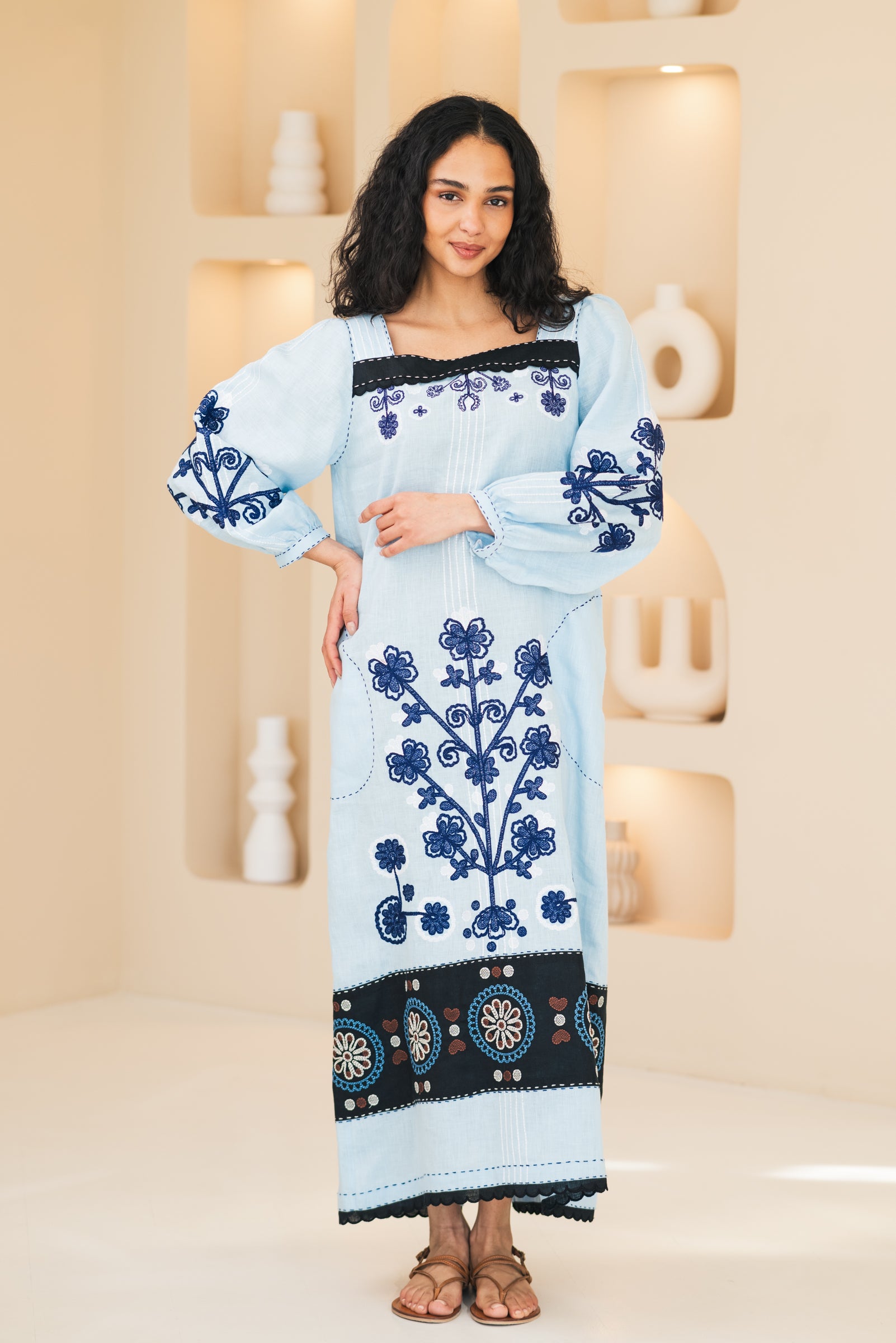 Folklore ukrainian dress Embroidered linen kaftan with floral embroidery S-M Size