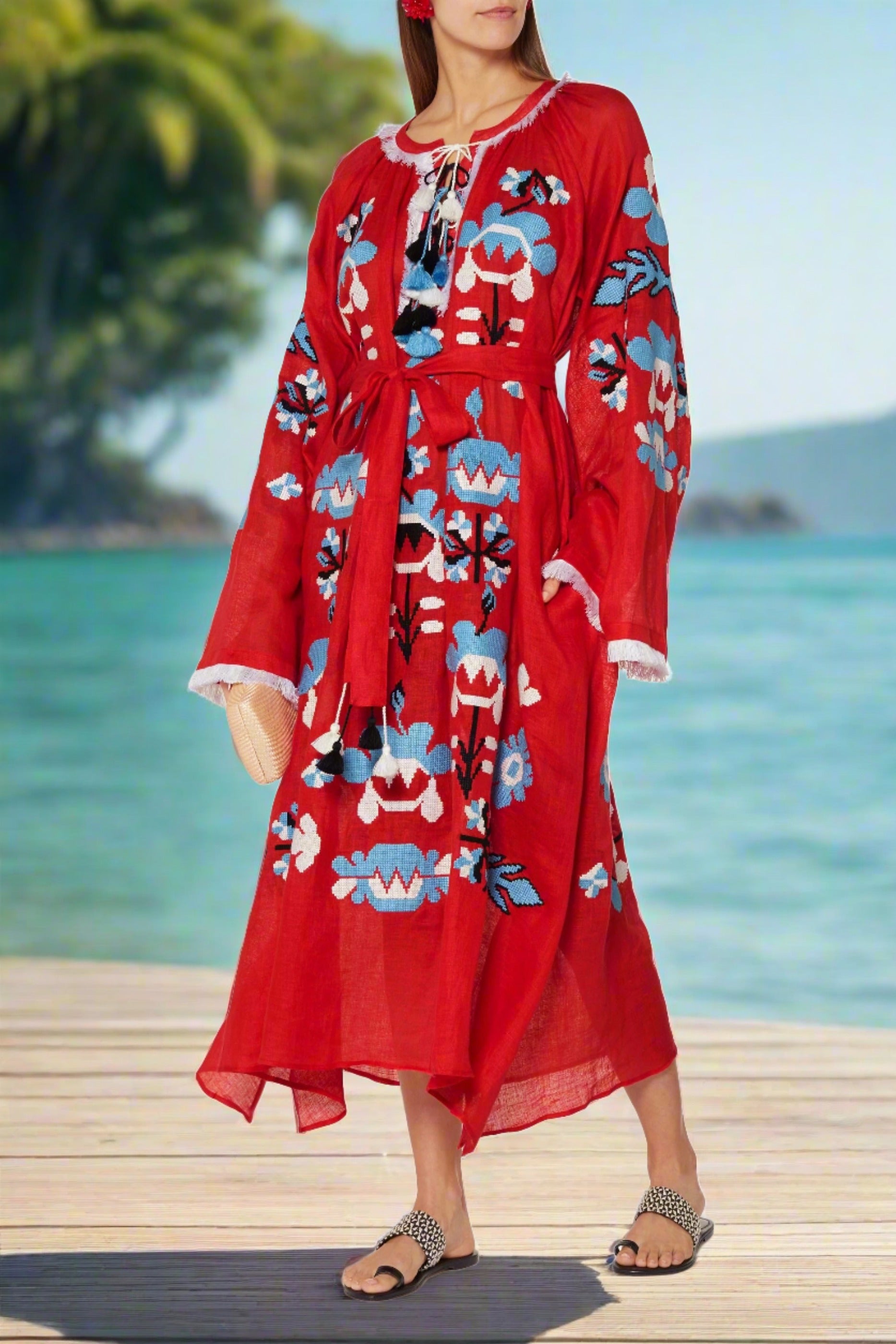 Embroidered linen dress with floral embroidery Astrid