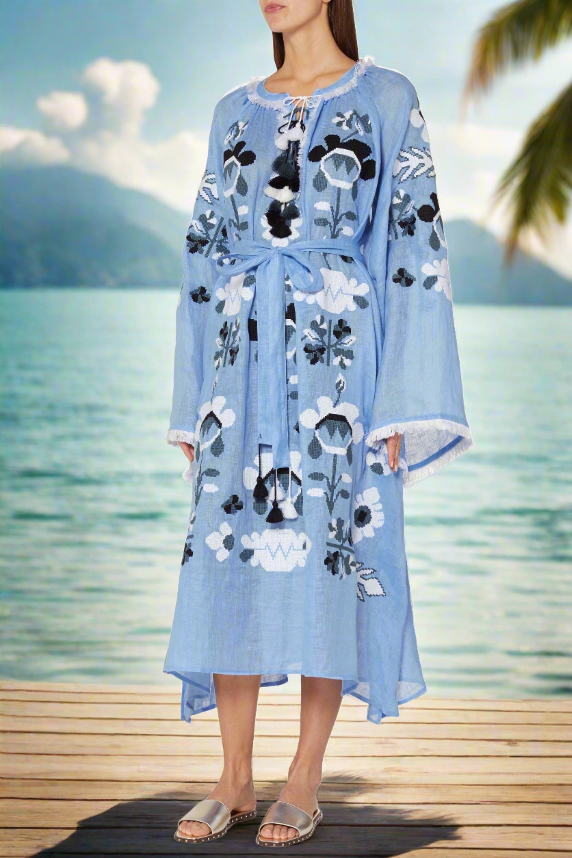 Embroidered linen dress with floral embroidery Astrid