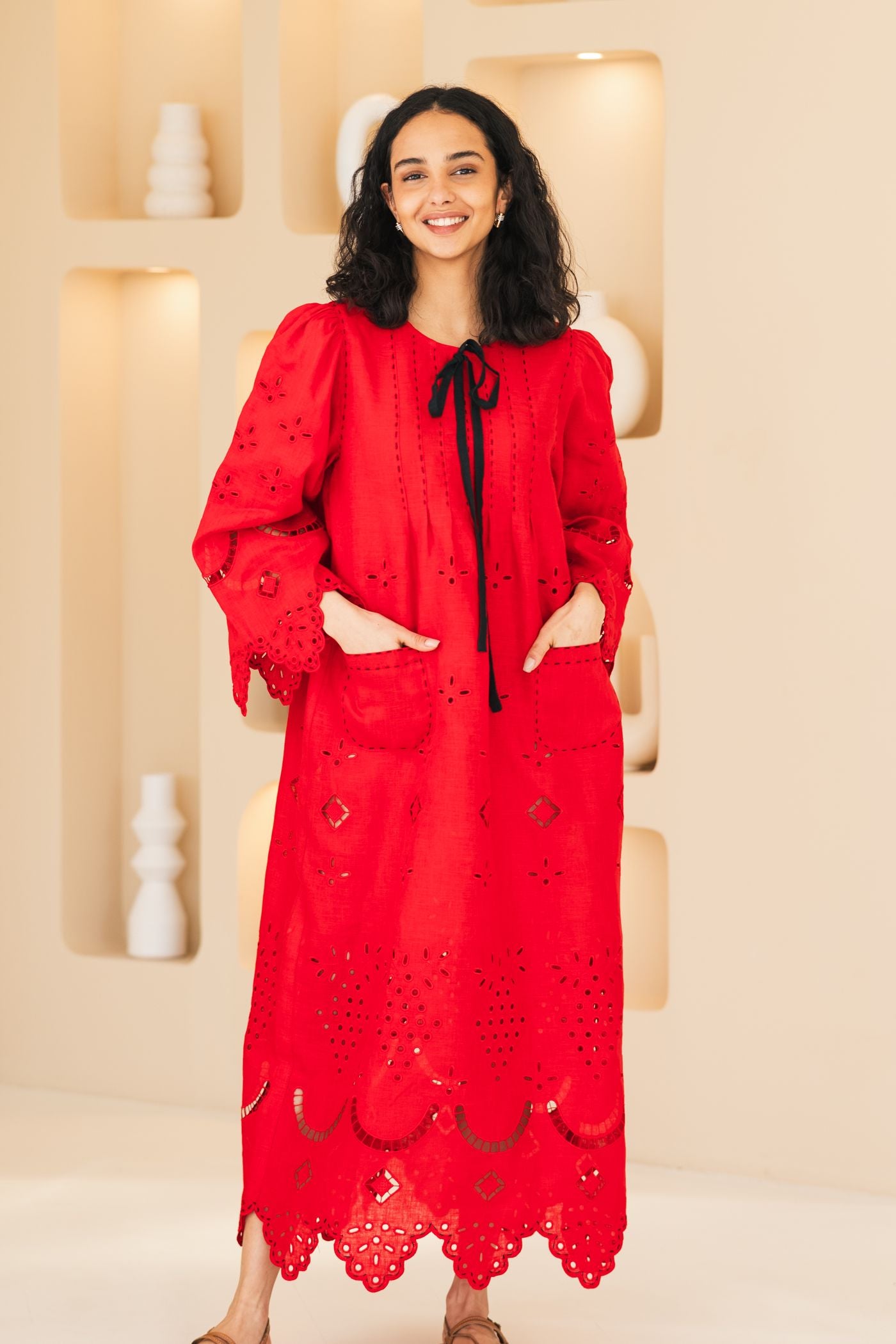 Grapes Eyelet Dress Floral Embroidered Linen Caftan M / Red