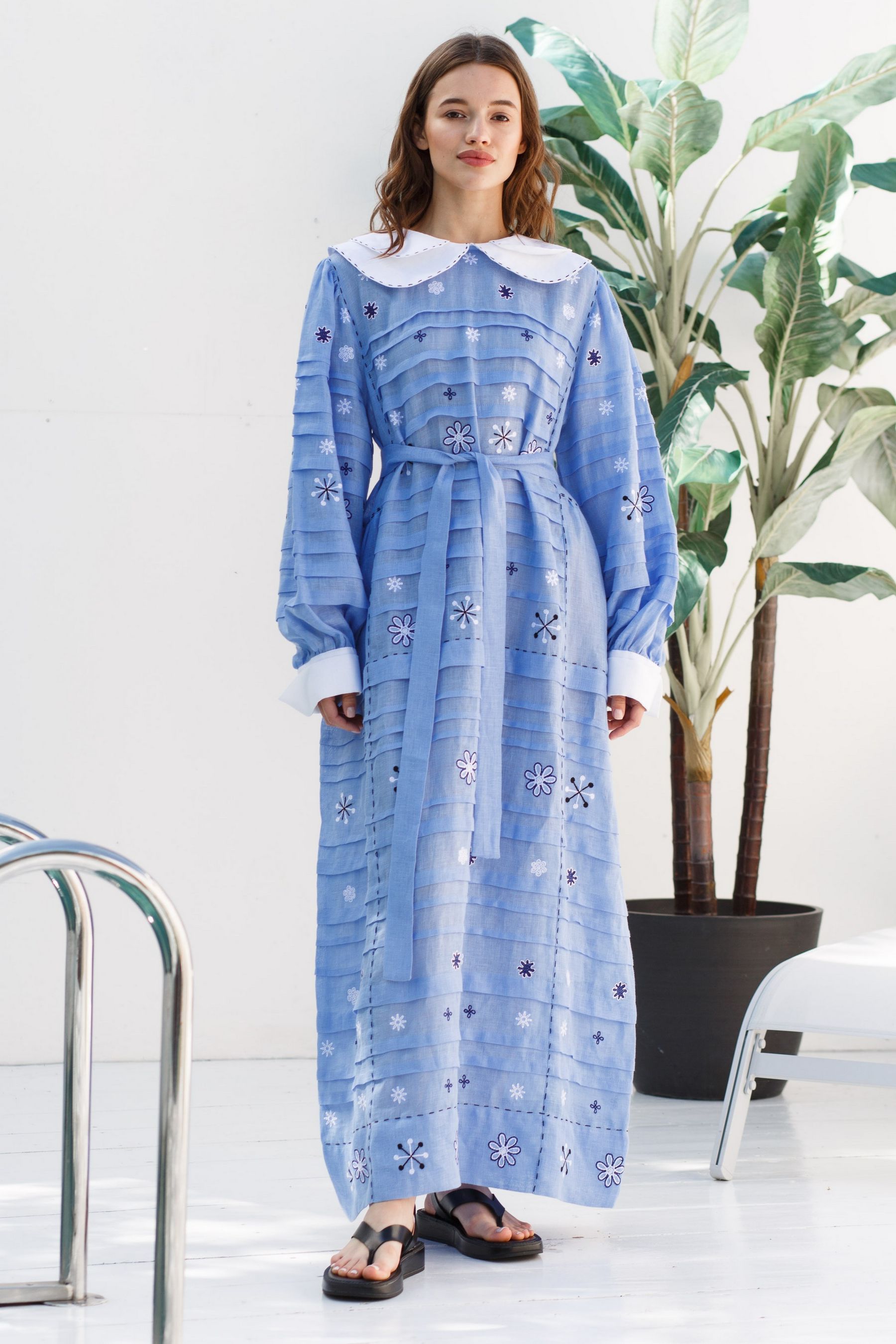 Constellation embroidered dress Collared bohemian wedding dress Vyshyvanka