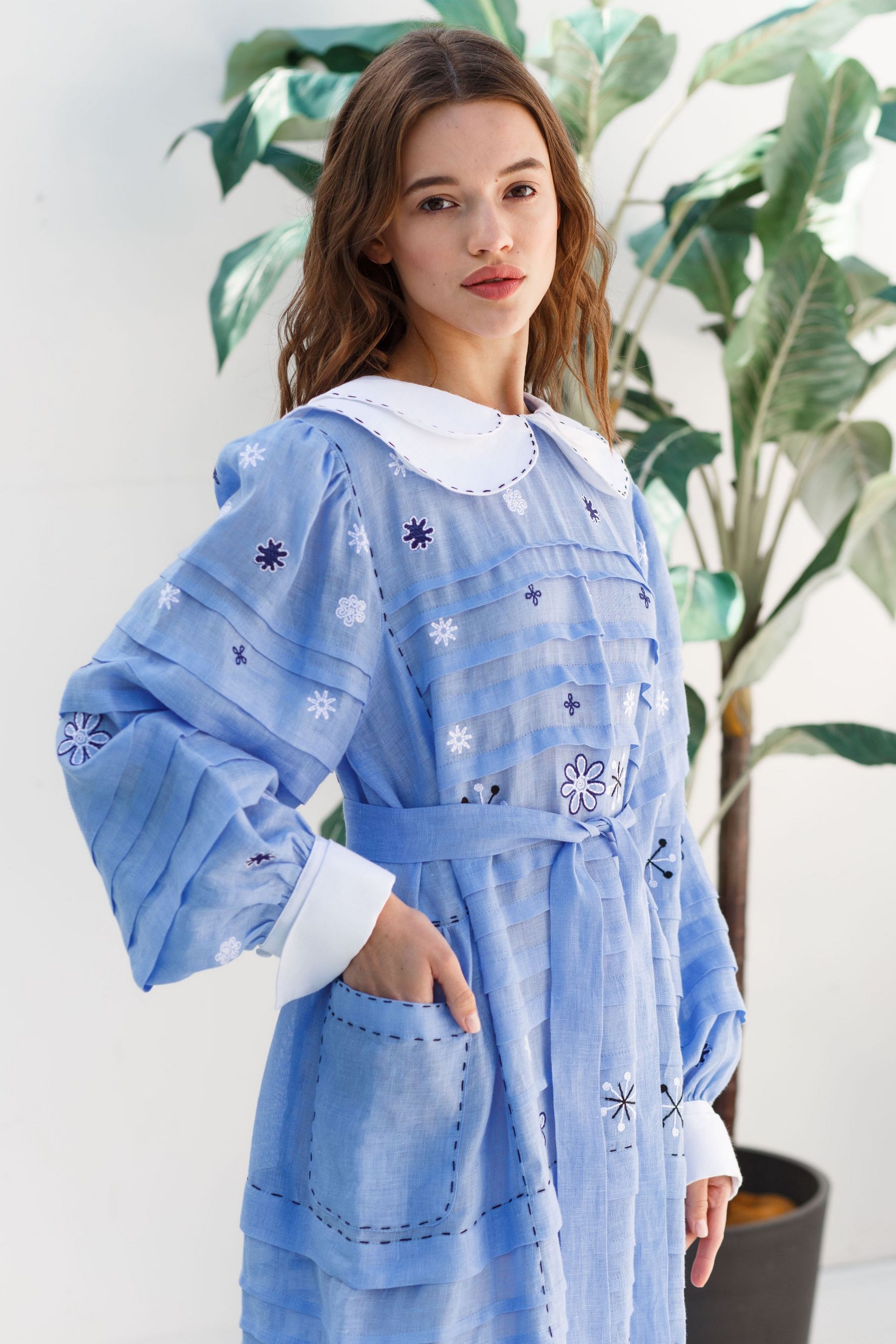 Constellation embroidered dress Collared bohemian wedding dress Vyshyvanka