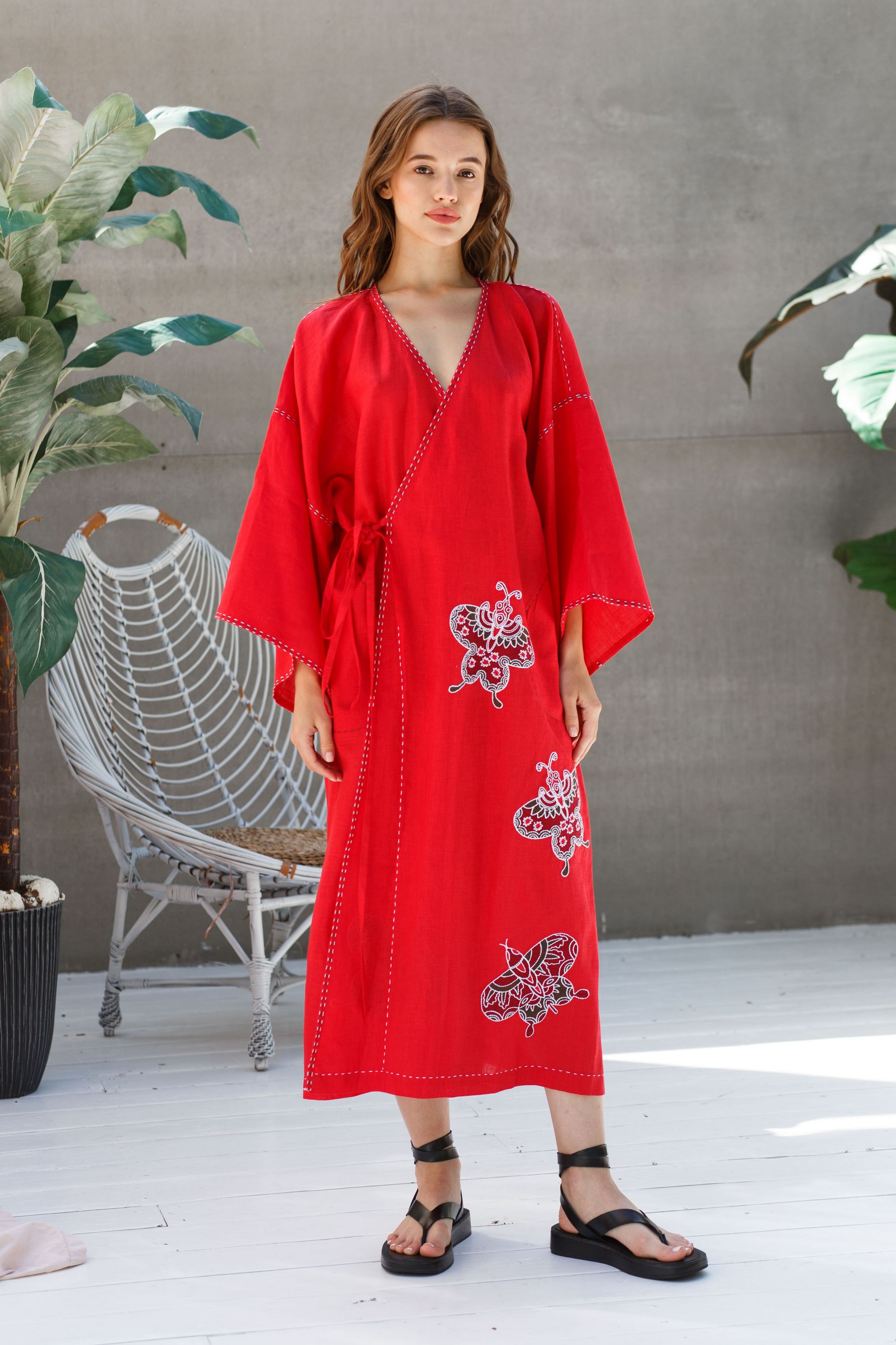 Butterfly wrap linen kimono dress Embroidered resort robe
