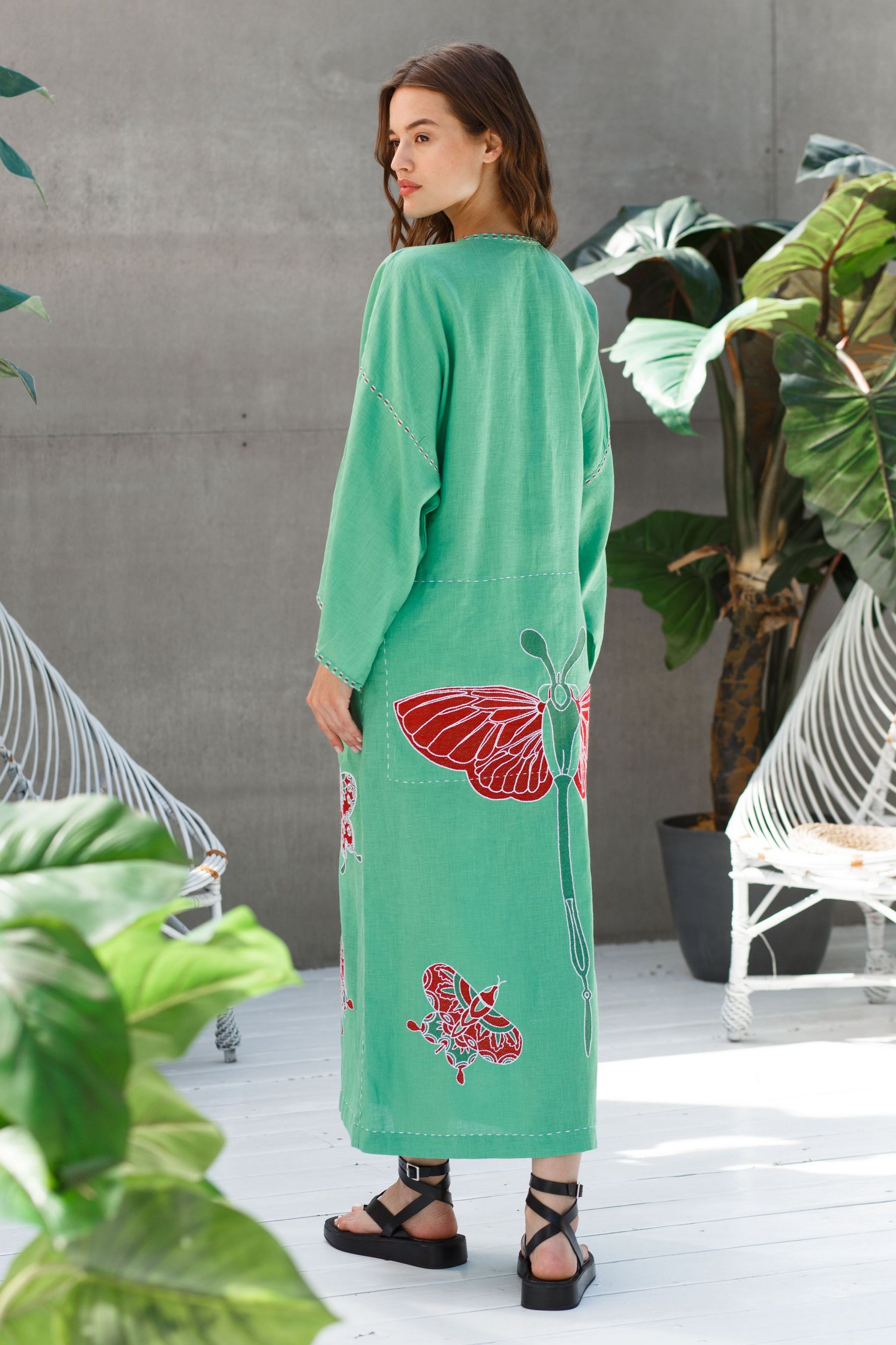Butterfly wrap linen kimono dress Embroidered resort robe