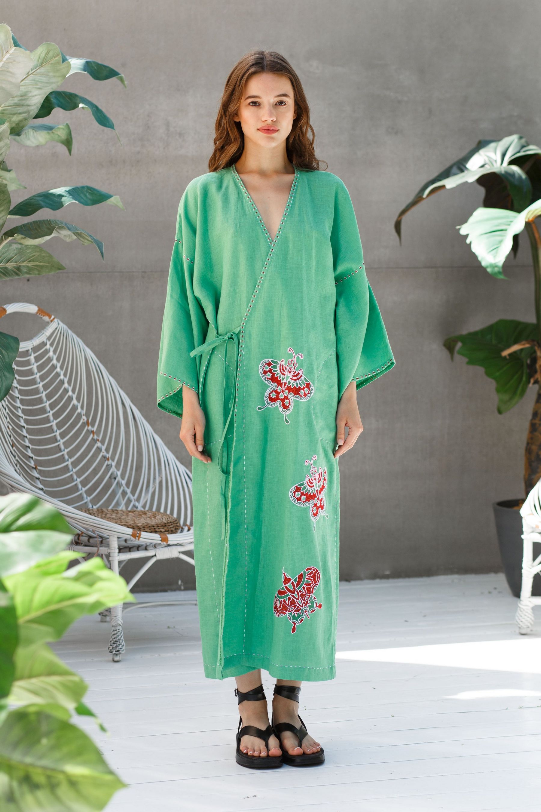 Butterfly wrap linen kimono dress Embroidered resort robe