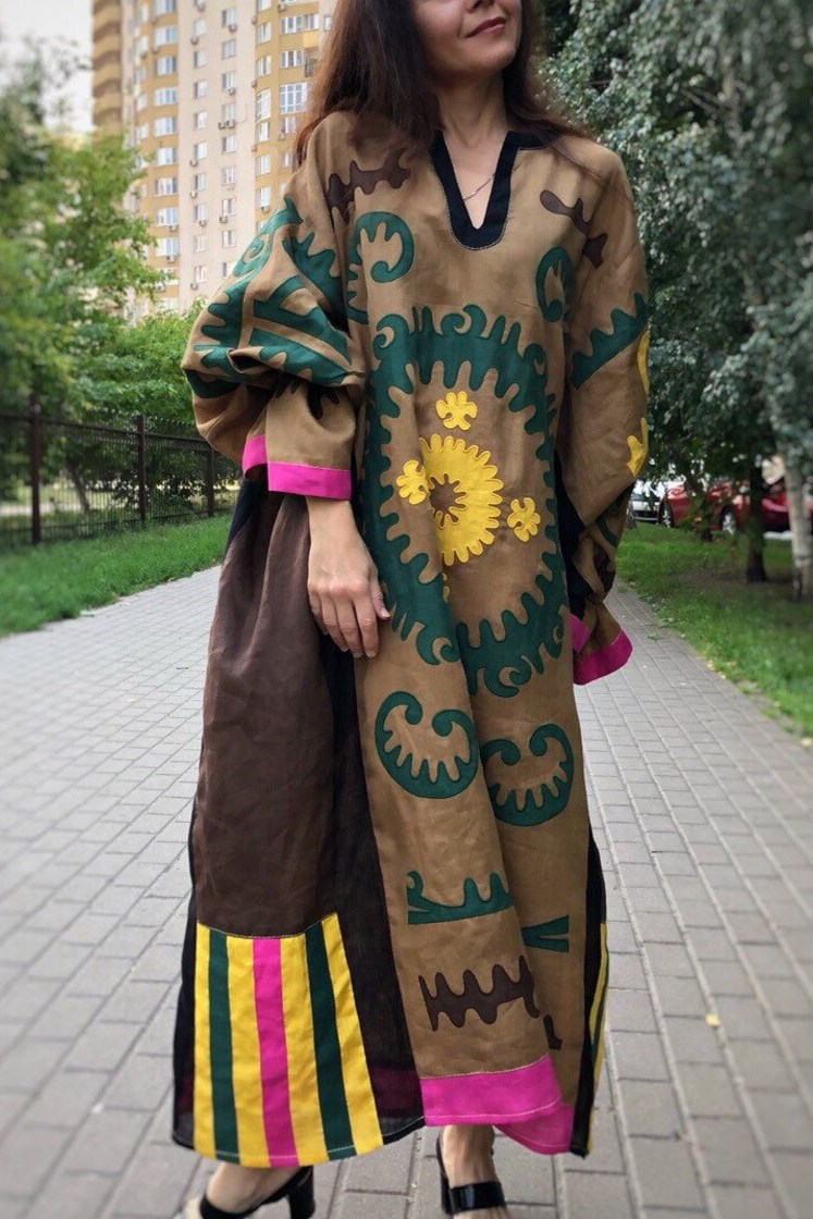 Oversize linen dress Embroidered ethnic applique