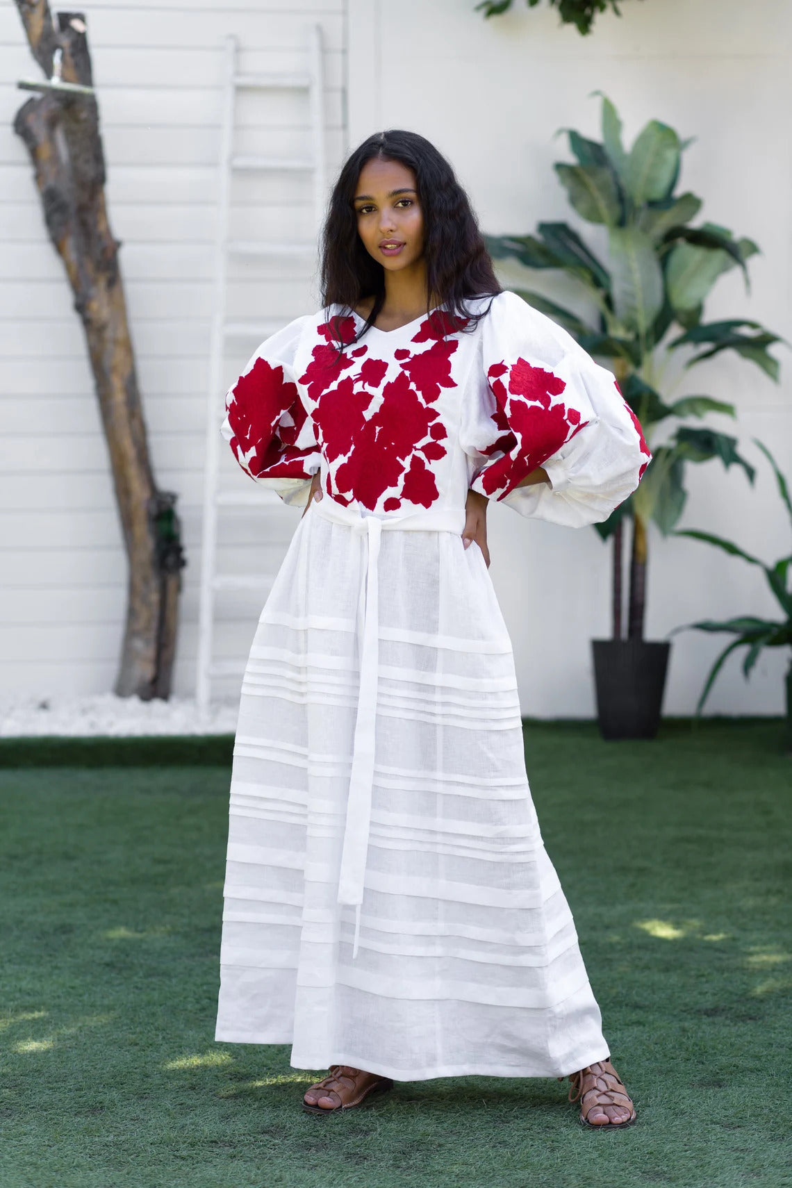 Roses embroidered linen dress Floral bohemian clothing