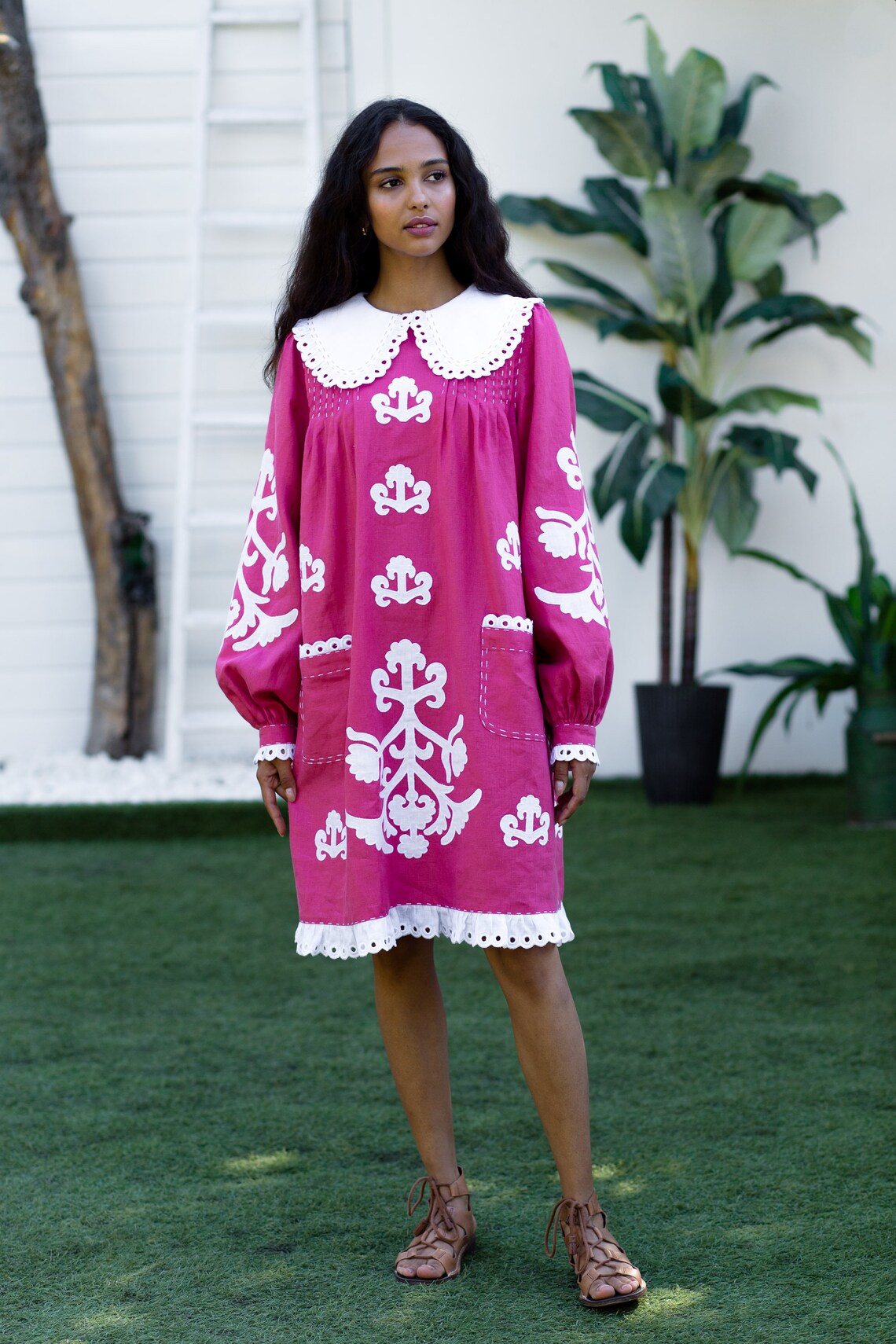 Collar dress with ethnic applique embroidery